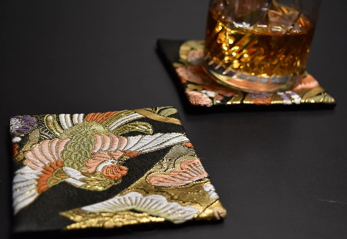 Perfect for Gifts, Ready to Give as is, Boxed, Pre-wrapped, Gold Brocade Weave, Japanese Style, Set of 5 Kimono Coasters (Asuka)