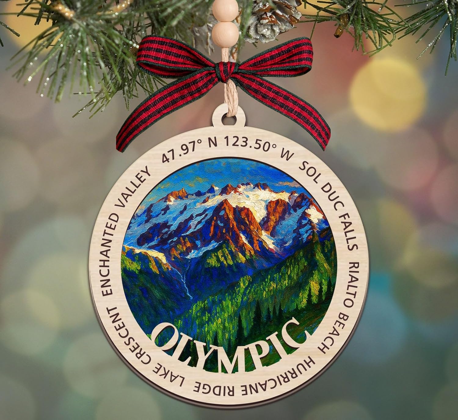 Adorno de madera del Parque Nacional Olímpico, recuerdo de Navidad de 2 capas, recuerdo de viaje de los parques estadounidenses, regalo para excursionistas, decoración de madera de 2 x 4