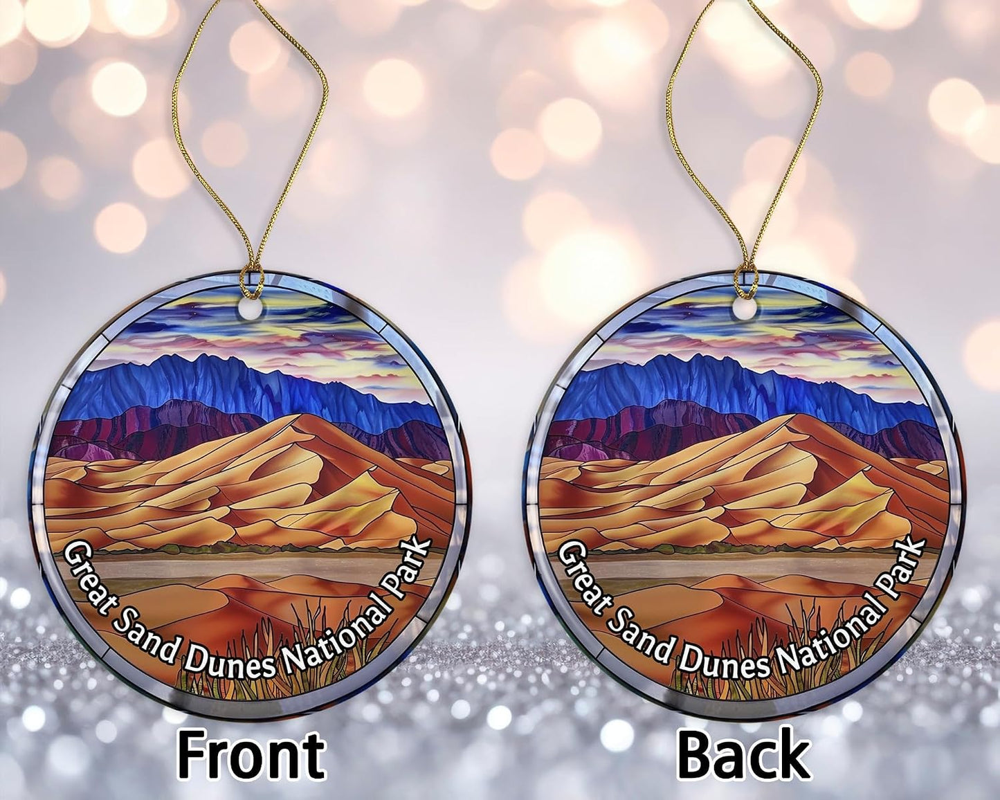Great Sand Dunes National Park Ornament, adorno de aspecto de vitral, adorno de Navidad de parques nacionales, adorno de recuerdo, recuerdos de viaje, adorno de Navidad, regalo de cerámica impreso en