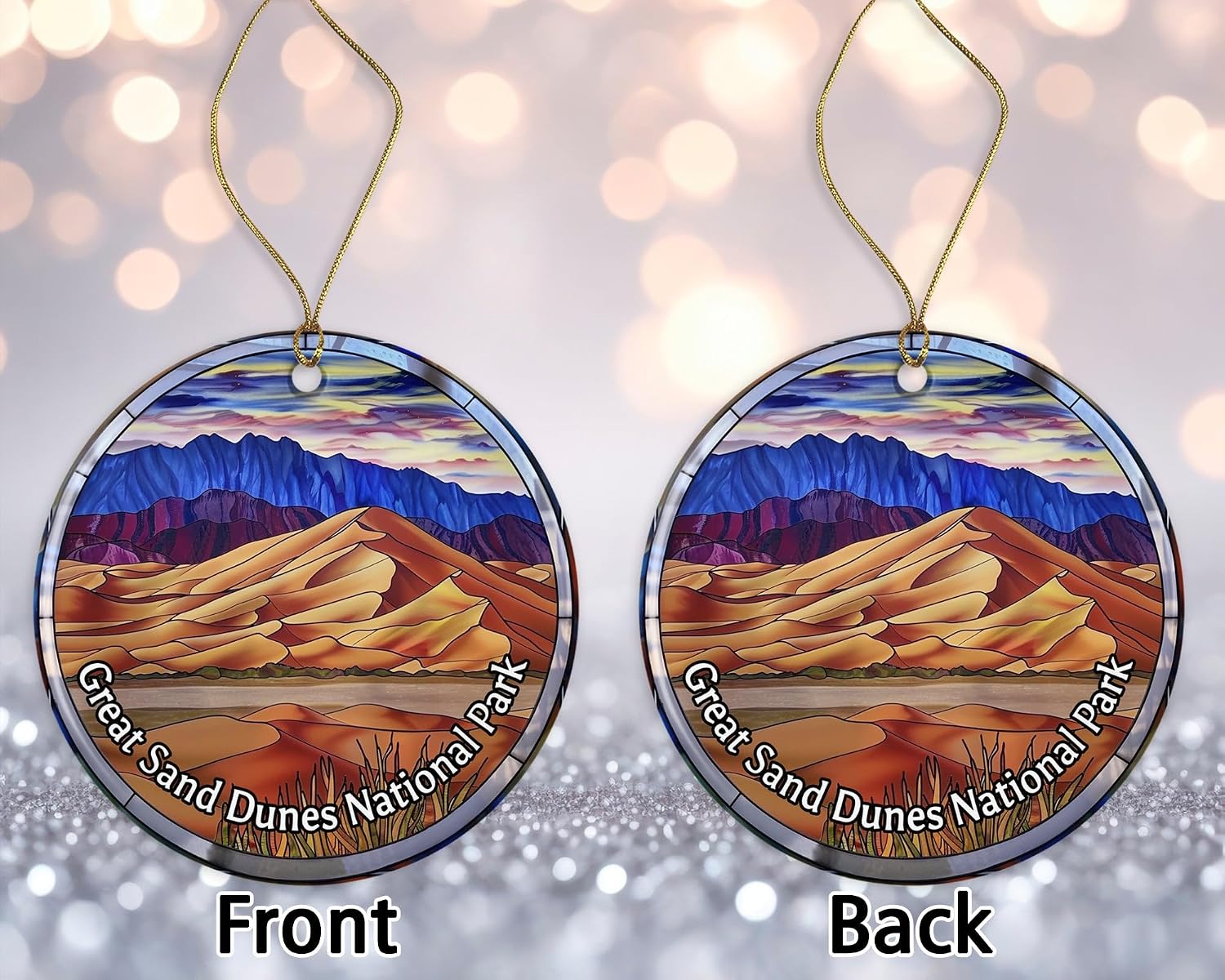 Great Sand Dunes National Park Ornament, adorno de aspecto de vitral, adorno de Navidad de parques nacionales, adorno de recuerdo, recuerdos de viaje, adorno de Navidad, regalo de cerámica impreso en