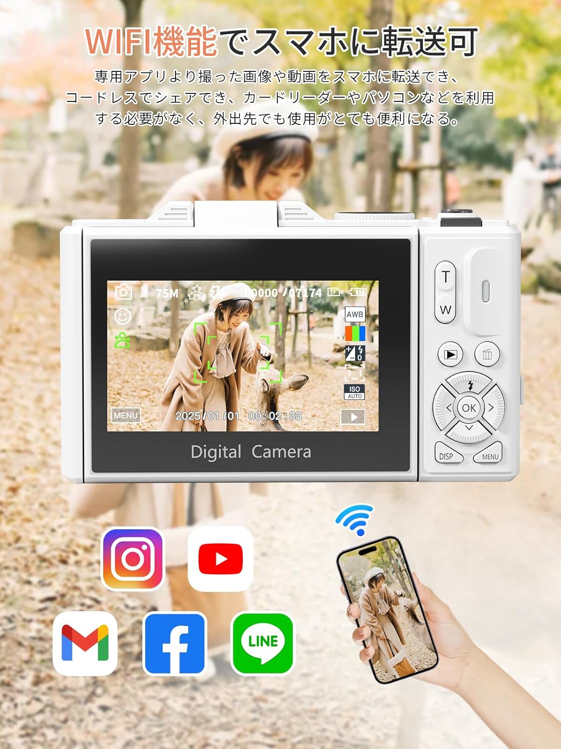 AiMike 5K Digital Camera for Smartphones, Digital Camera, WiFi Transmission Function, 75 Million Pixels, 180 Degree Rotation Display, 64 GB Micro SD Card Included, 18x Digital Zoom, Auto Focus