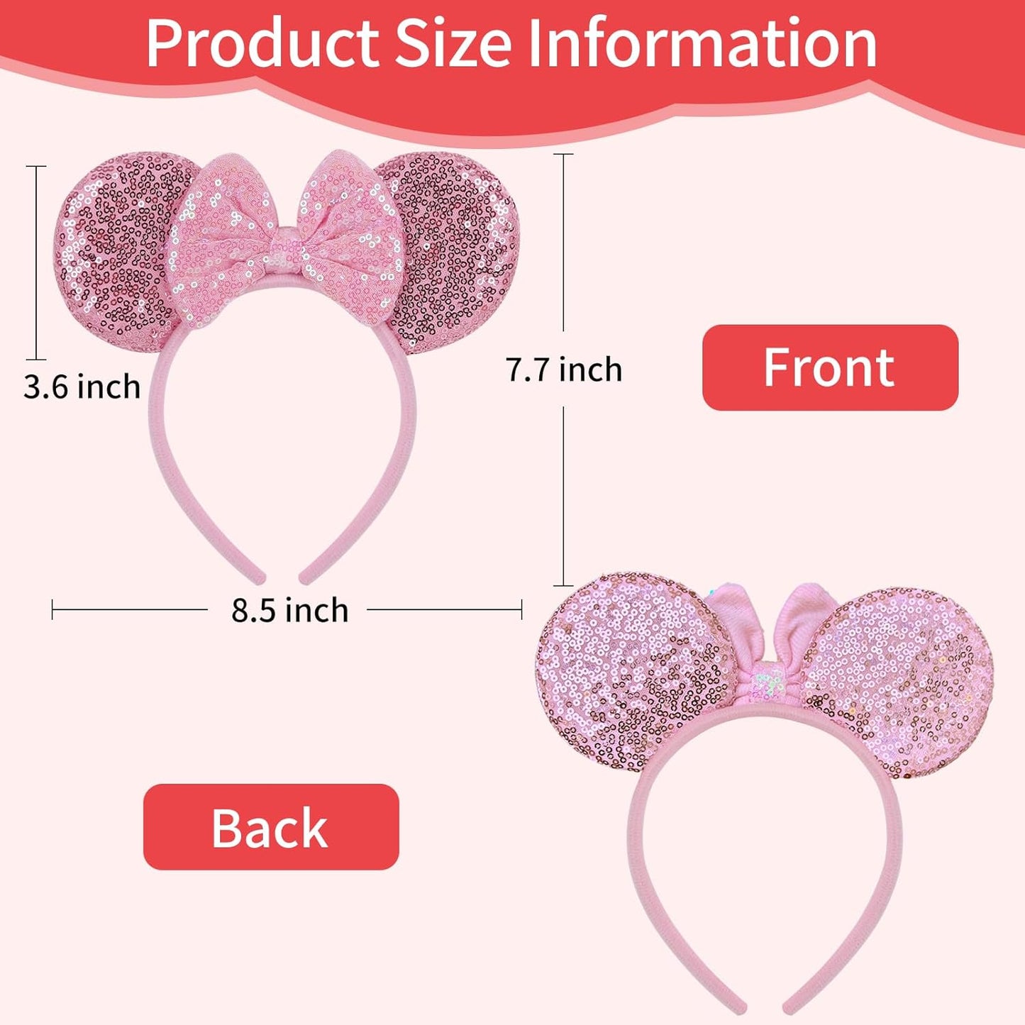 Paquete de 2 diademas de orejas de ratón rosa y morado para mujeres y niñas, diadema de lazo de lentejuelas para cosplay, disfraz de cumpleaños, decoración de fiesta de cumpleaños, accesorios para el cabello