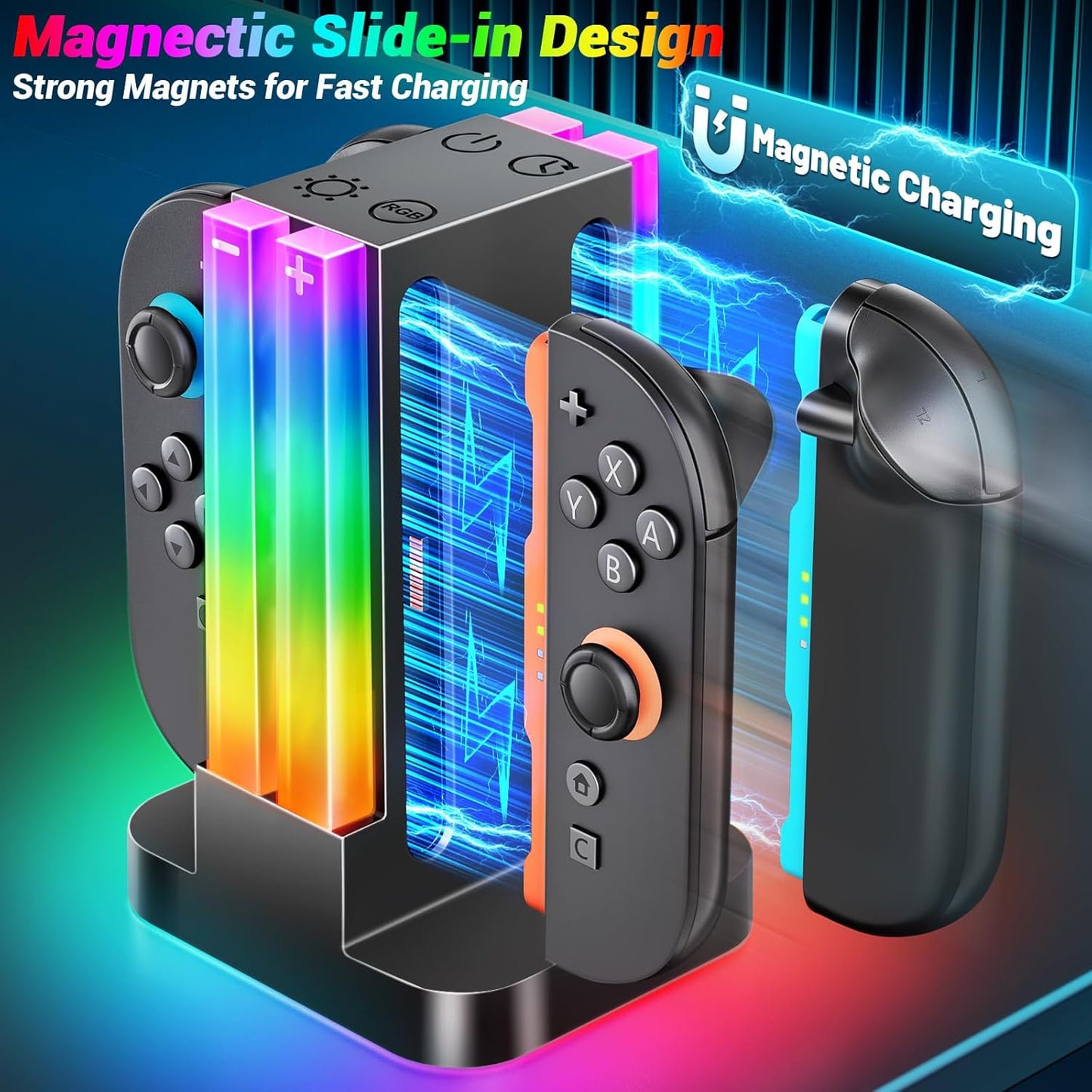 Switch 2 Joicon Charger Stand, RGB Light, 6, Joicon, Switch 2, Timing Function, Overcharge Prevention, USB-C Cable Included, Will Controller, Charger