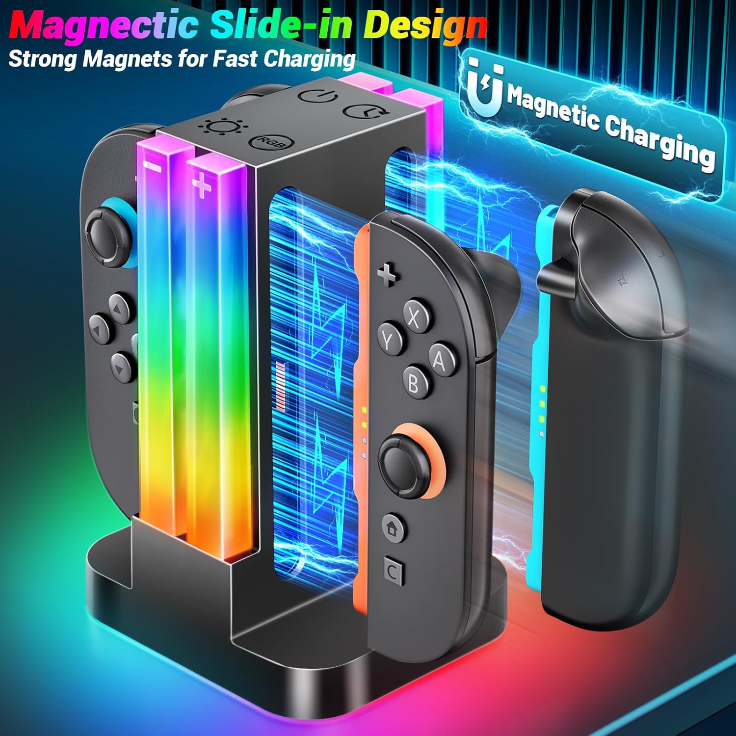 Switch 2 Joicon Charger Stand, RGB Light, 6, Joicon, Switch 2, Timing Function, Overcharge Prevention, USB-C Cable Included, Will Controller, Charger