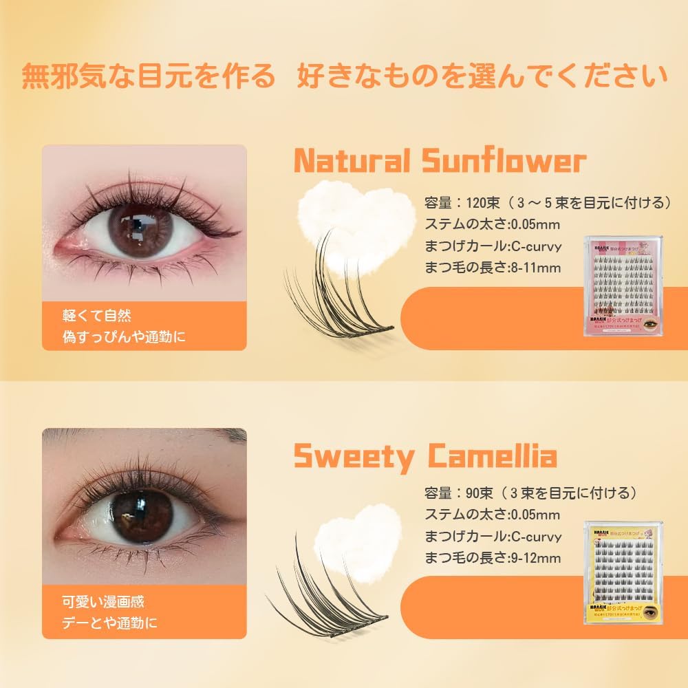 False Eyelashes, For Partial, Natural Bunch, 0.05 mm, Ultra Fine Point, No Makeup, For Everyday Use, OL Students, Applicable (Camellia*2+Tweezers)