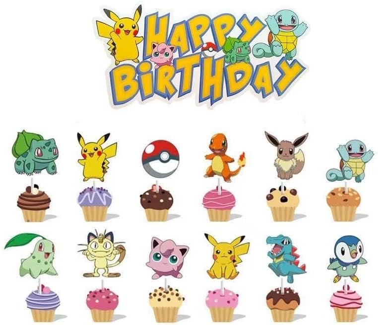 CLASSIC POKEMON THEME PARTY DECORATION SET - Popular Pokemon Characters: 18 Themed Balloons + 13 Cake Toppers + 1 Decorative Flat Ribbon, Increase Your Party Atmosphere