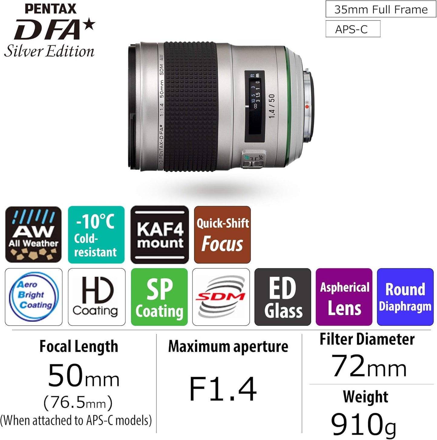HD Pentax-D FA50mmF1.4 SDM AW Silver Edition: Limited quantities new generation prime lenses from the Star series, the latest Pentax lens coating technology, ultra-sharp, high-contrast images