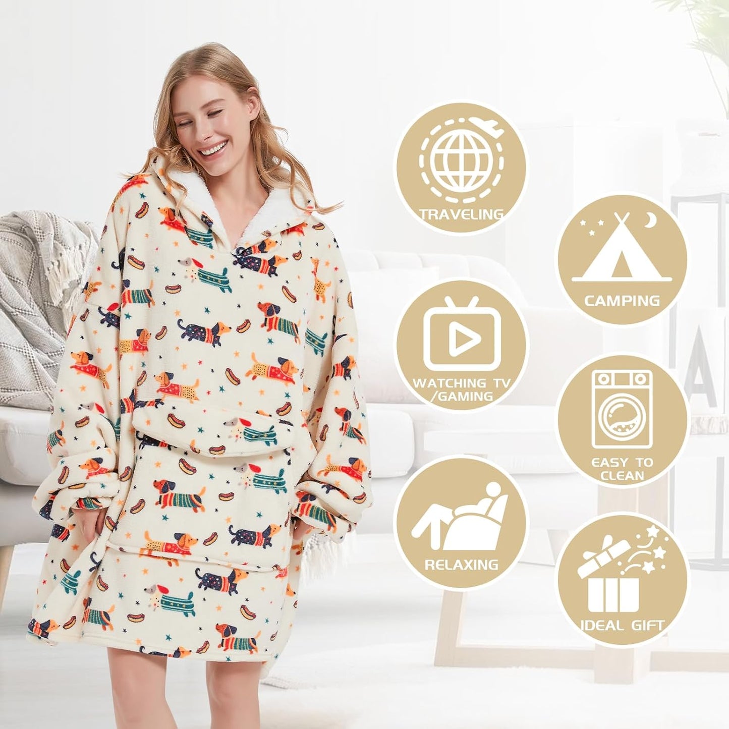Mewkou - Manta con capucha portátil para adultos, manta con capucha de forro polar sherpa de gran tamaño para mujeres y hombres, Dachshund