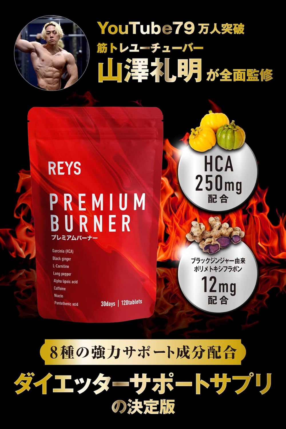 REYS レイズ 【PREMIUM BURNER】 Premium Burner 120 Tablets (Approximately 30 Servings) Developed under supervision of Yamazawa Tadaaki, Contains 8 Selected Ingredients Including Garcinia (HCA), Black Ginger