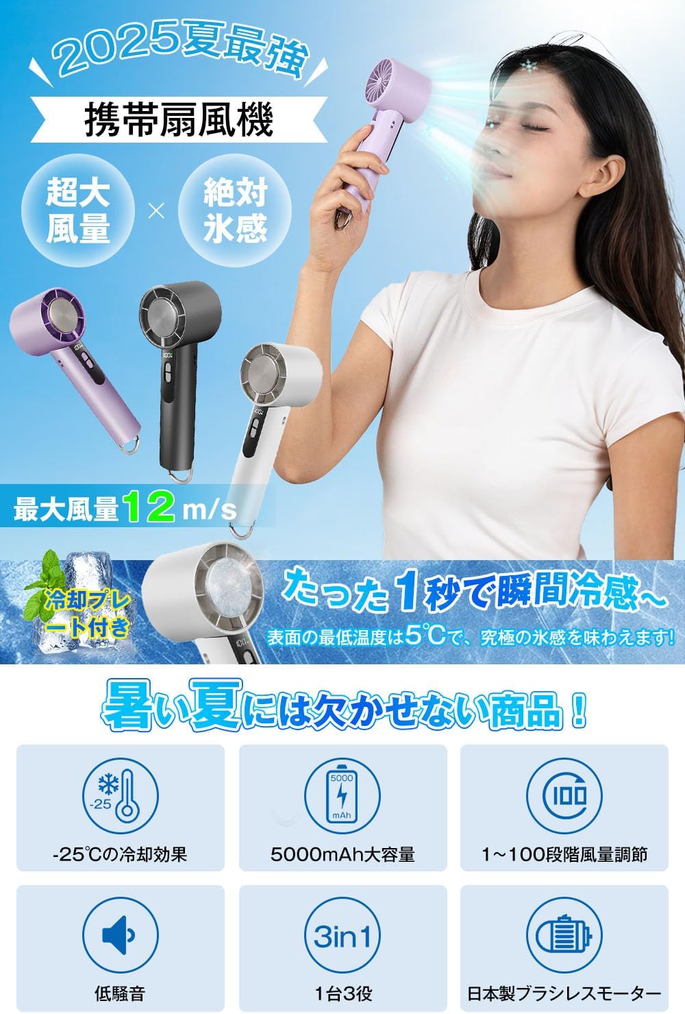 Handy Fan (2025 New Release) with Cooling Plate, Digital Display, Japanese Brushless Motor, Handheld, Neck/Tabletop, 3-in-1 Fan, 5,000 mAh, Large Capacity, 100 Levels of Air Flow Adjustment, Powerful