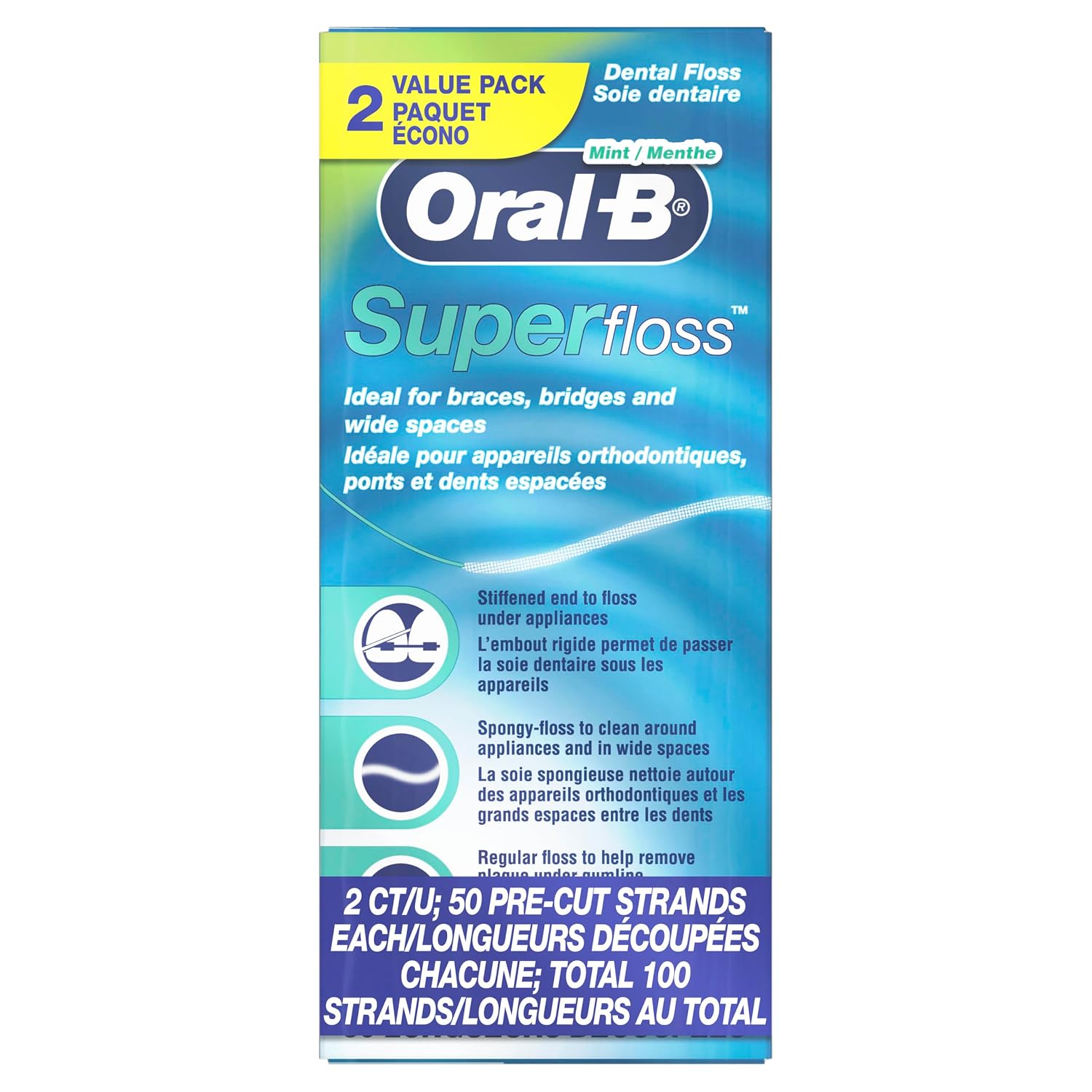 Oral-B Hilo dental para brackets, Super Floss hebras precortadas, menta, 50 unidades, paquete de 2
