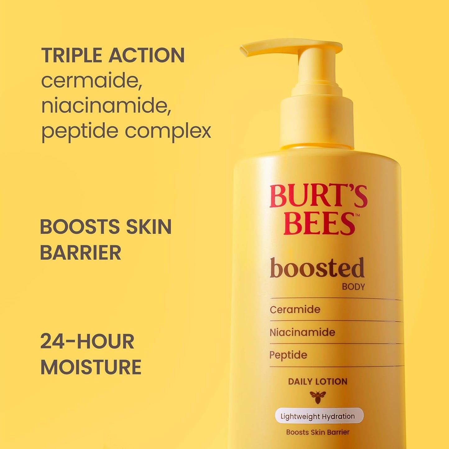 Burt's Bees Loción corporal potenciada, con un complejo de ceramida, niacinamida y péptidos, loción diaria ligera que ayuda a aumentar la barrera cutánea, aroma tropical, botella de 13 onzas