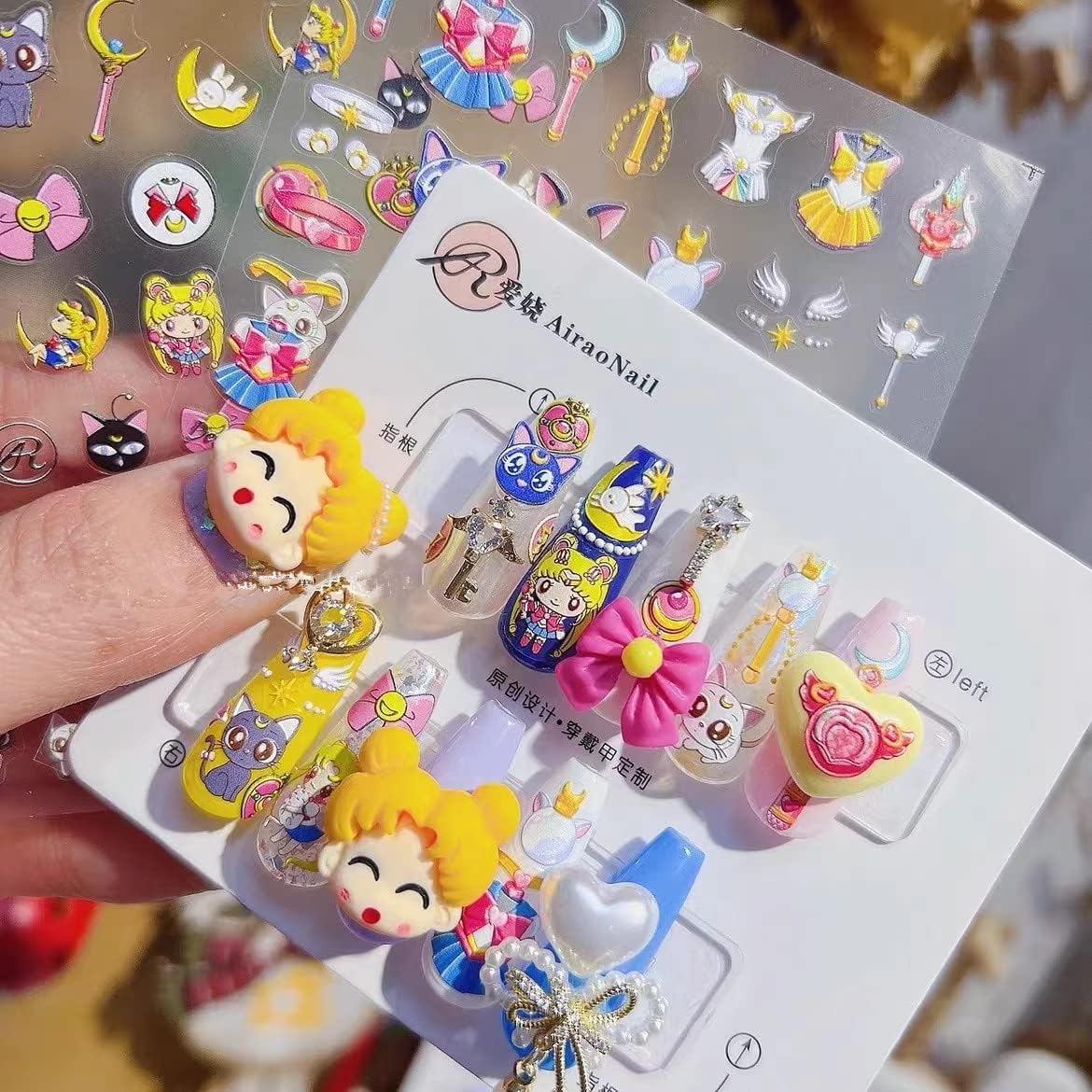 New Sailor Moon 5D Embossed Anime Nail Art Sticker Decal Kids Princess Cartoon Cartoon Moon Hair Sailor Moon Anime Nail Art Stickers(2 Pcs)+4pcs Sailor Moon 3D Diamond Nail Art Accessories for Nail