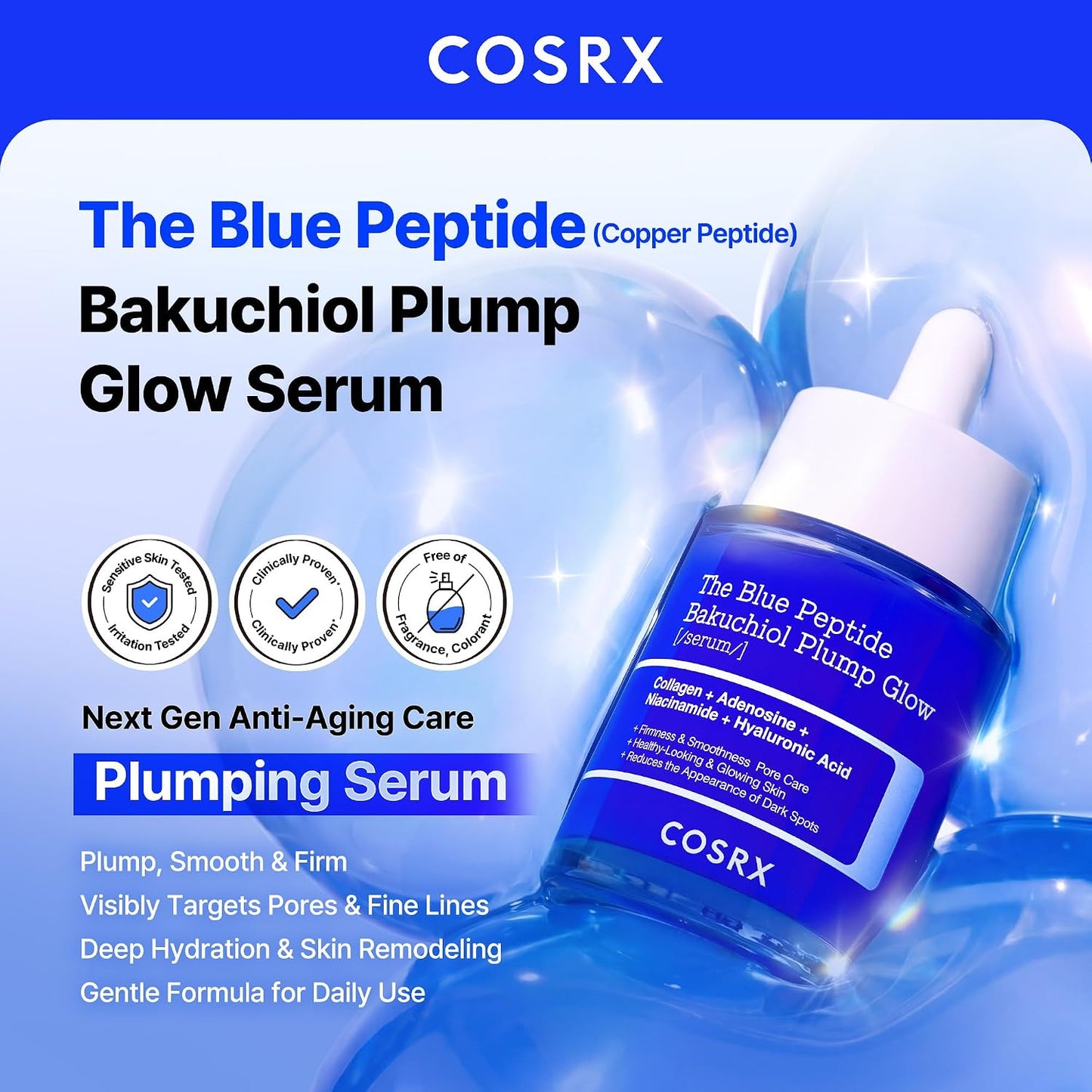 COSRX The Blue Copper Peptide Bakuchiol Serum, suero rellenador de péptidos coreanos para cara, péptidos de cobre GHK-Cu con Bakuchiol, Glow & Plump, cuidado antienvejecimiento y reafirmante de la