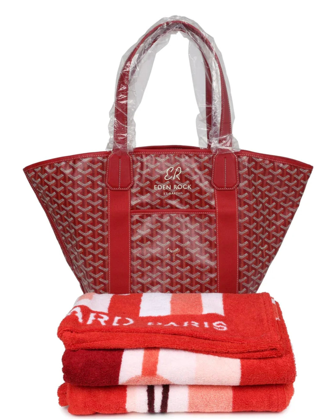 GOYARD 'EDEN ROCK' RED BELHARRA REVERSIBLE BEACH BAG & BEACH TOWEL