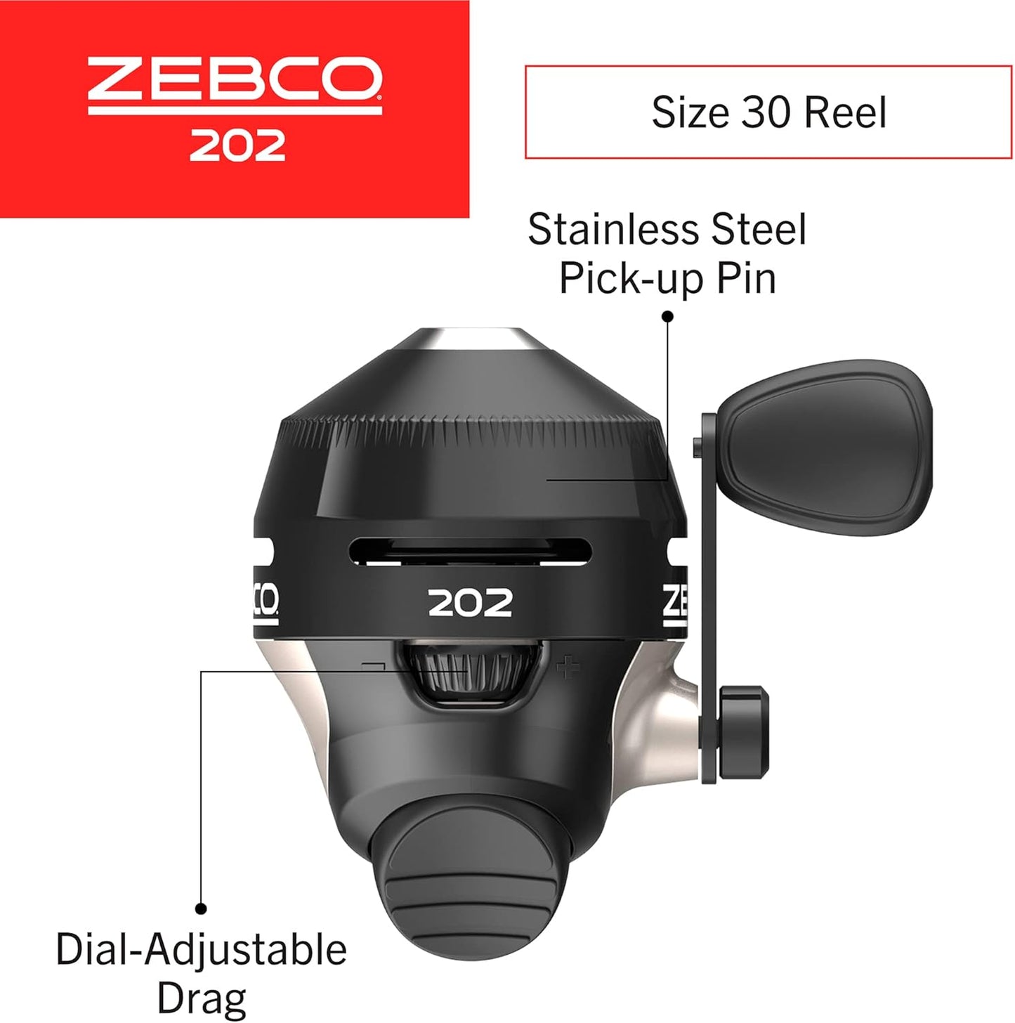 Zebco Spincast Fishing Reel 202 30 Reel Right Handed Heavy Duty All Metal Gear Stainless Steel Pickup Pin with 10lb Zebco Fishing Line Pre-Spool, Black, Clam Package