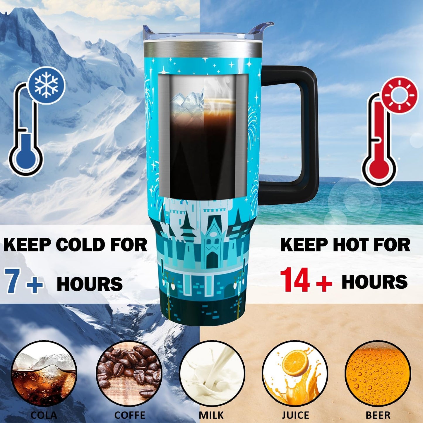 Vaso de 30 onzas con diseño de castillo de dibujos animados, con asa, tapa y pajilla, vaso aislado de acero inoxidable, taza de café de viaje con fuegos artificiales, regalo de cumpleaños, Navidad