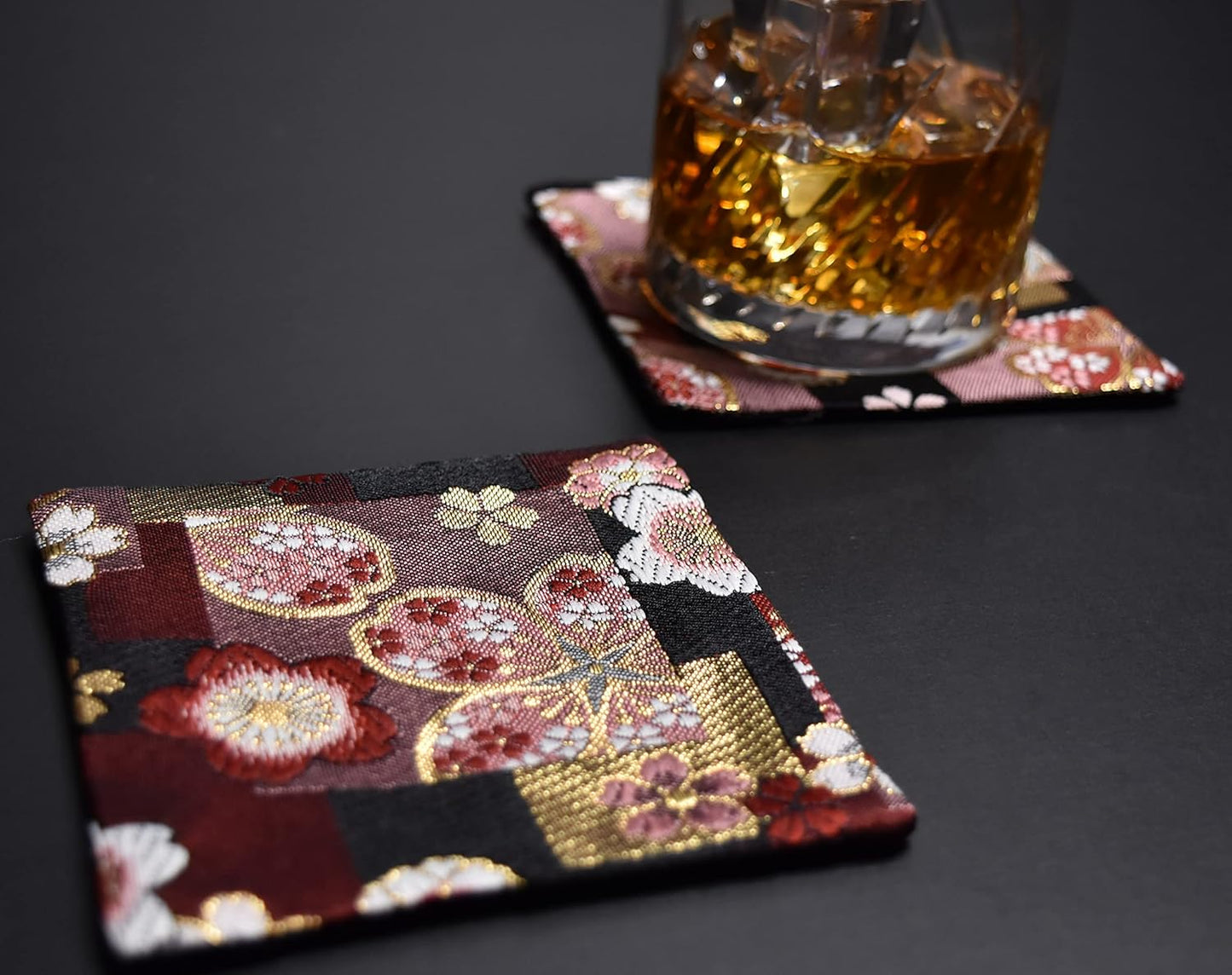 Perfect for a Gift, Ready to Give as is, Boxed, Pre-wrapped, Gold Brocade Weave, Japanese Style, Kimono Coasters, Set of 5 (Beni Sakura)