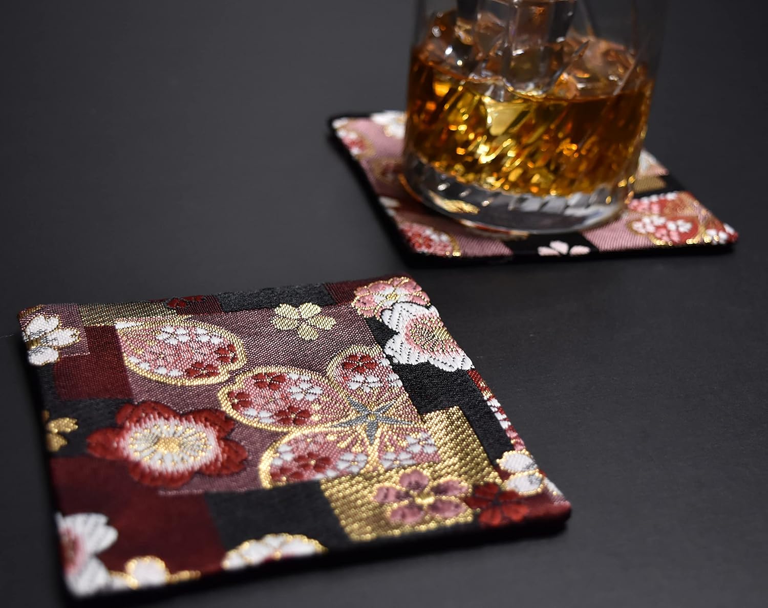 Perfect for a Gift, Ready to Give as is, Boxed, Pre-wrapped, Gold Brocade Weave, Japanese Style, Kimono Coasters, Set of 5 (Beni Sakura)