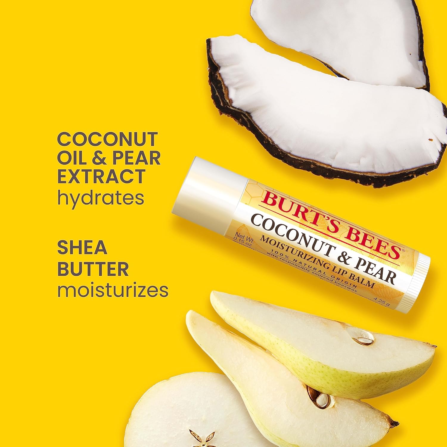Burt's Bees Lip Balm, Beeswax, Strawberry, Coconut and Pear, and Vanilla Bean Pack, With Responsibly Sourced Beeswax, Tint-Free, Natural Lip Treatment, 0.15 oz., Four Tubes