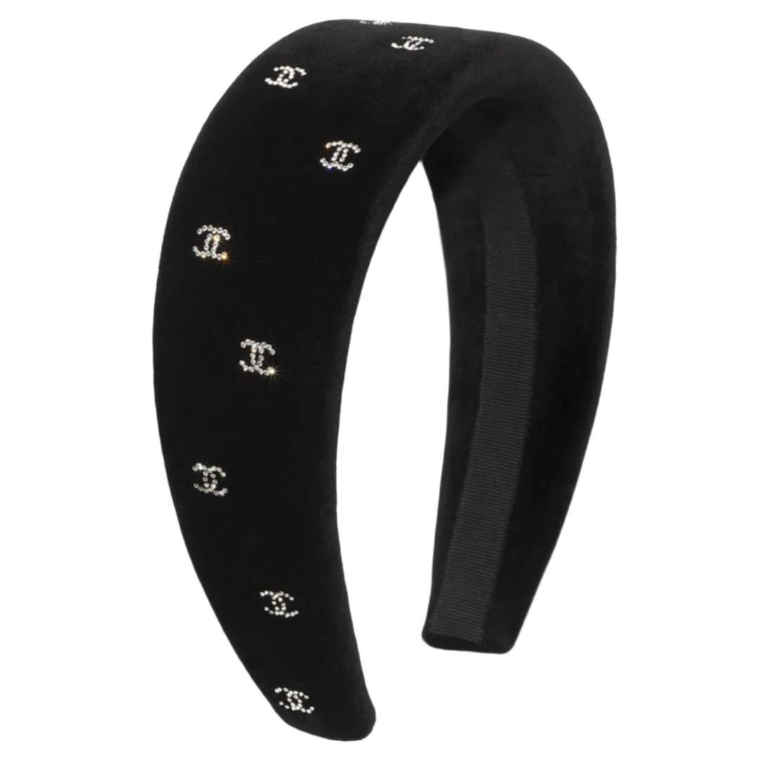 CHANEL 26C 'CRYSTAL CC' BLACK VELVET HEADBAND