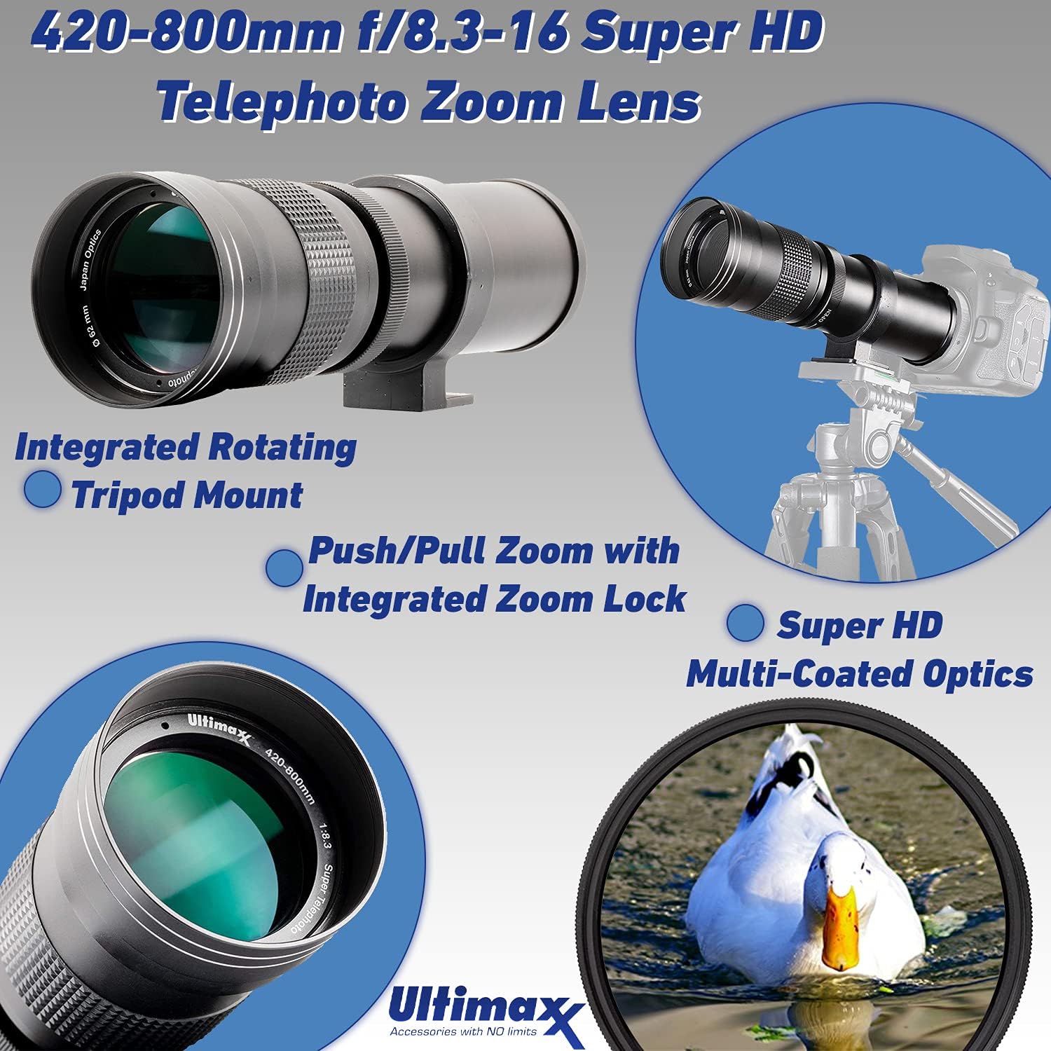 Ultimaxx 420-800mm (840-1600mm with Converter) f/8.3-16 Manual Telephoto Zoom T-Mount Lens Kit for Canon EOS Rebel T3 T3i T4i T5 T5i T6 T7 T6i T6s T7i T8i SL1 SL2 EOS 60D 77D 800000D 800 8 0 d, 90d