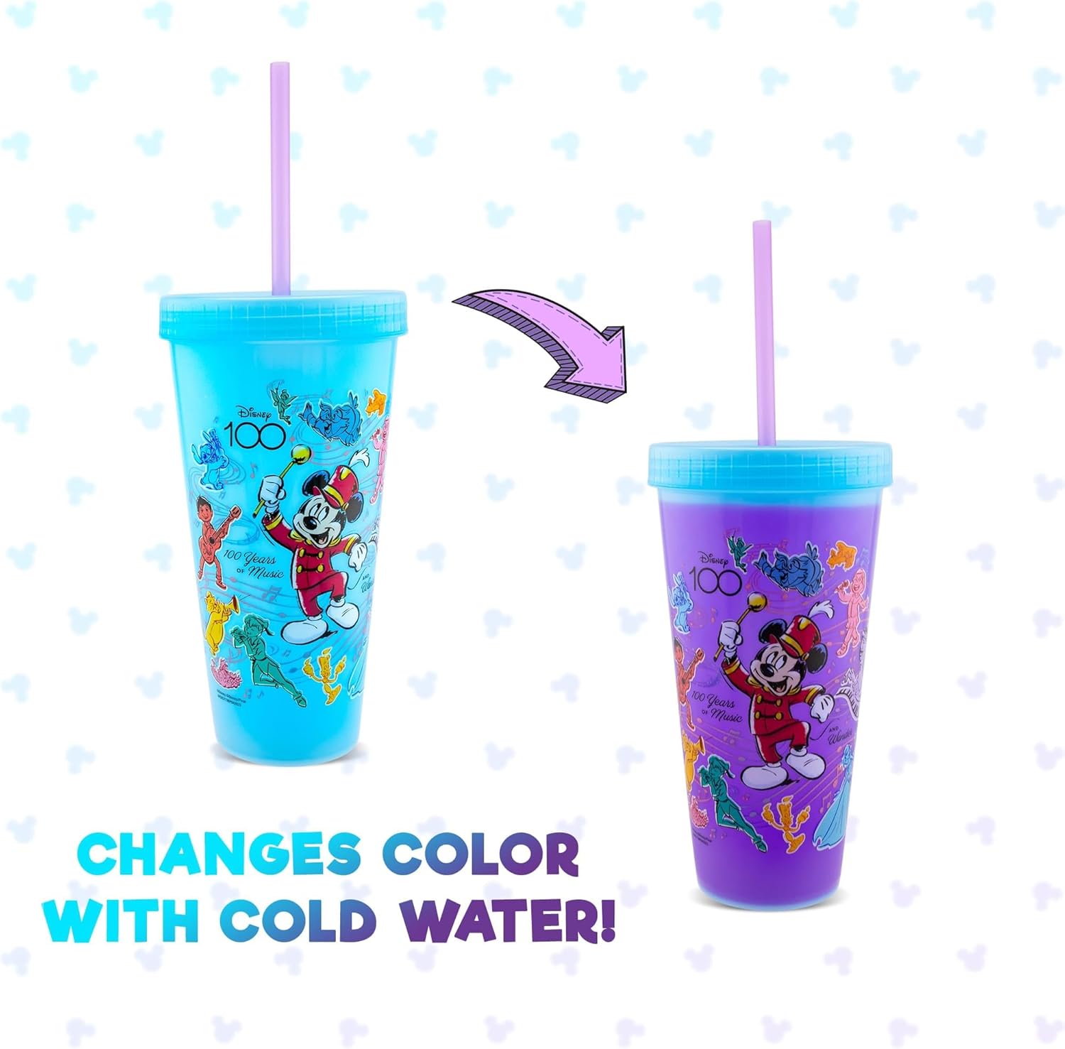 Disney Vaso de viaje de plástico que cambia de color de Mickey Mouse del 100 aniversario, incluye popote reutilizable y tapa resistente a fugas, capacidad para 20 onzas