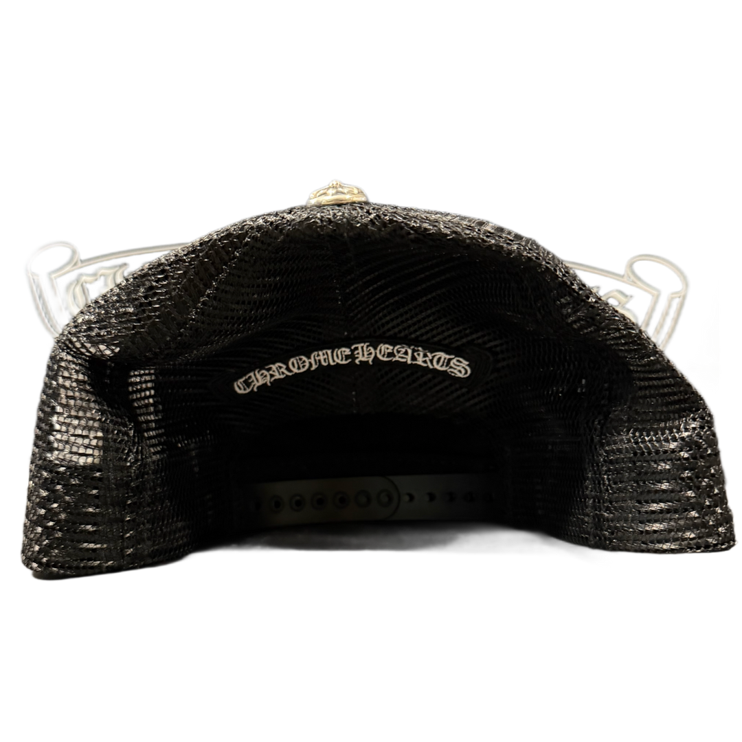 CHROME HEARTS 'FUCK' WHITE LEATHER PATCH TRUCKER HAT