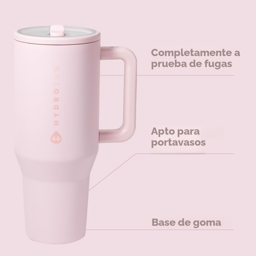 HydroJug Traveler - Botella de agua 32 oz con asa y pajilla abatible, apto para soporte para vasos, resistente a fugas, reutilizable, aislado, acero inoxidable y base de goma, unisex, rosado arena