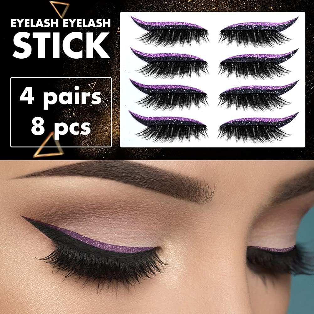 Eyelash Eyeliner Seal, Eyelash Seal, Natural Waterproof Eyelash Makeup Stickers for Women Instant (4 Pairs, Purple)