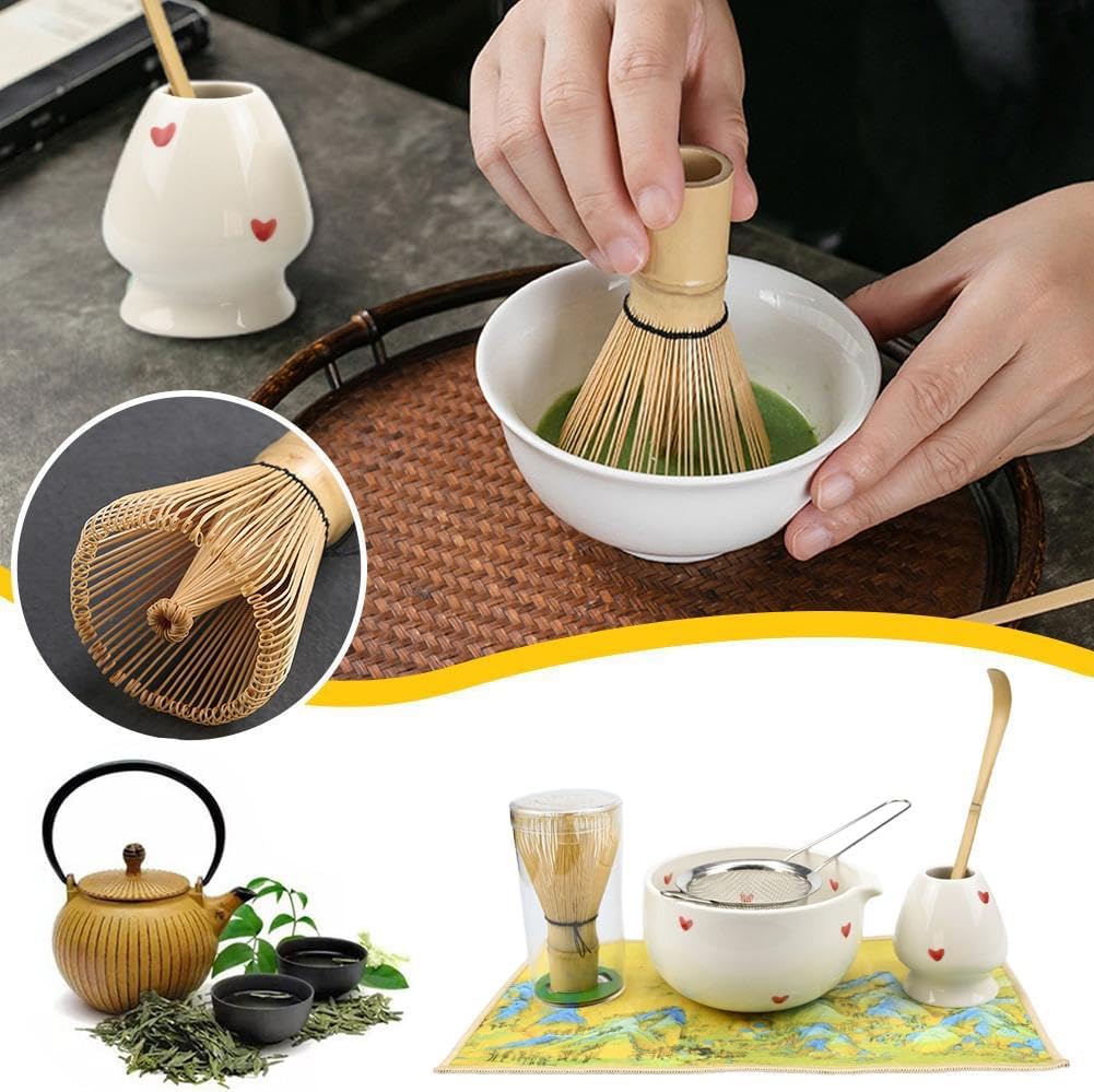 Heart-shaped Matcha Tea Utensils Set - Ceramic Rice Bowl, Bamboo Sachi, Stainless Steel Spoon, Matcha Set, Tea Utensils, Beginner, Tea Ceremony Set, Ceramic Bowl, Bamboo Chasen, Chasen (White 5 Pcs)