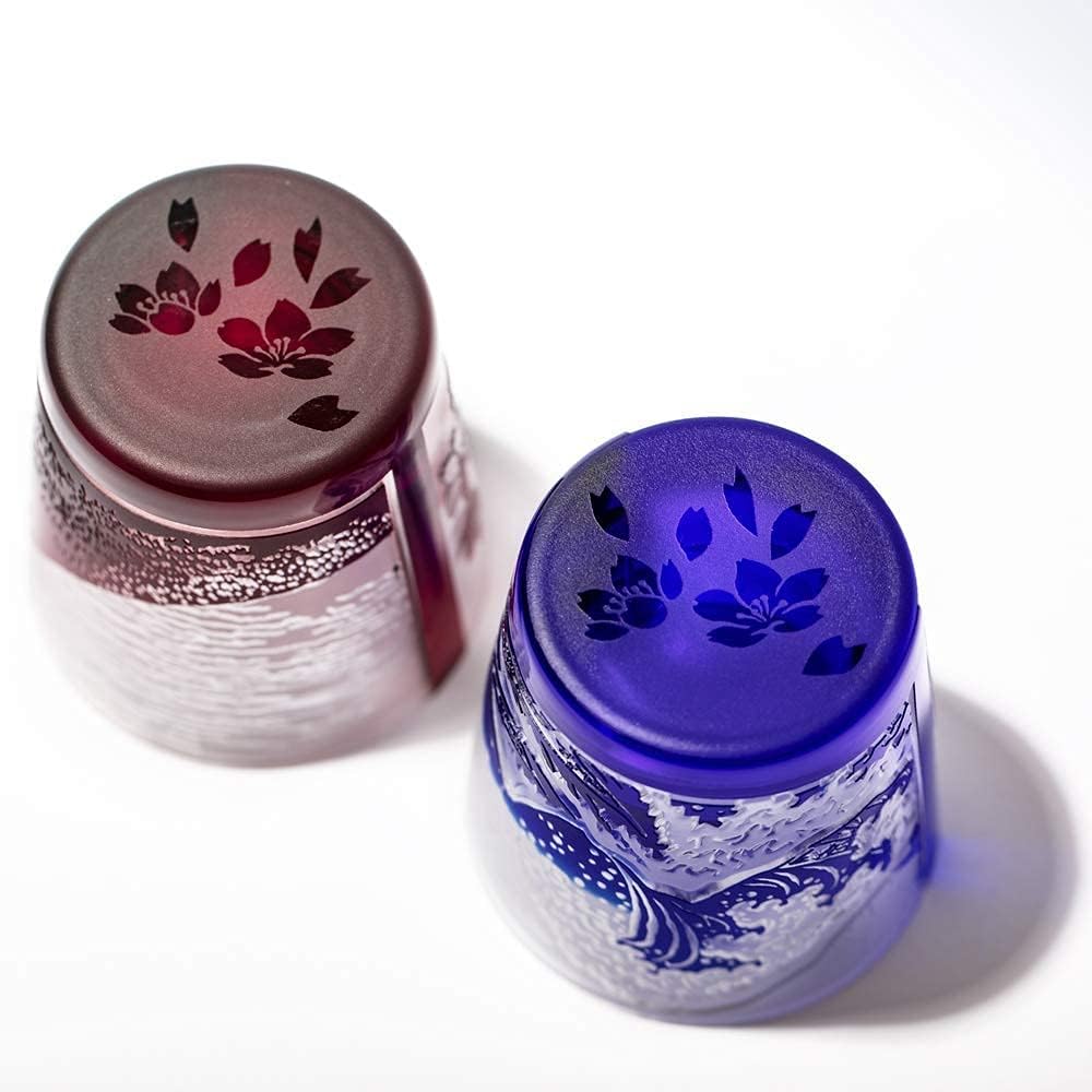 【 Taimura Koubou Official 】 Edo Glass Red Fuji and Nami Fuji with Cherry Blossoms Free Cup Pair (Red, Luri) TB022-204R_206B in Presentation Box, Made in Japan