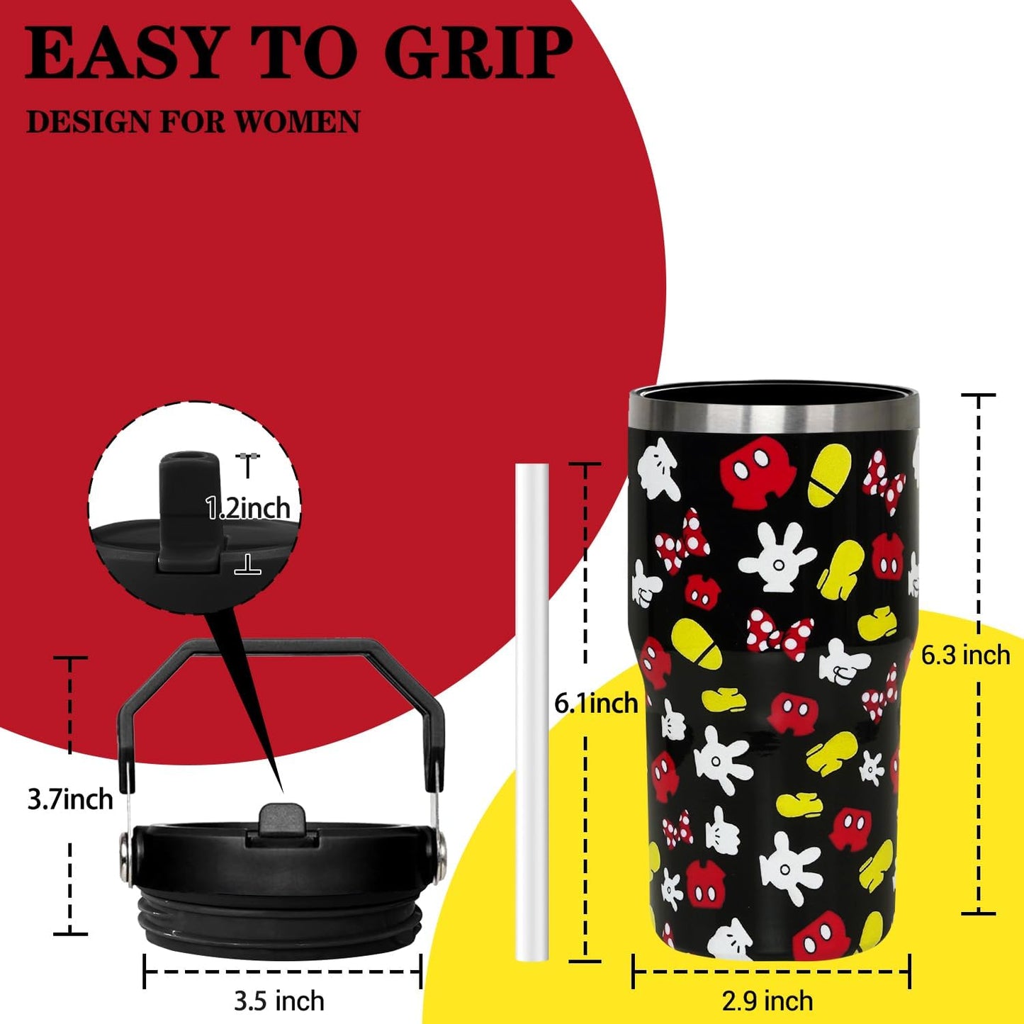 Taza de dibujos animados de ratón de 20 oz con tapa y popote abatible de acero inoxidable aislado con asa superior en la parte superior, color negro, taza de café para viajes - Regalo de