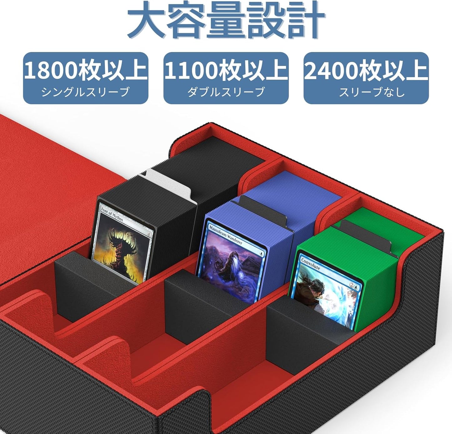 Mlikero Card Deck Case 1800+ Trading Card Storage Box with 10 Dividers and 3 Foam Stoppers Leather Magnetic Closure Commander Deck Box for YuGiOh MTG Sports Cards (Black & Red)