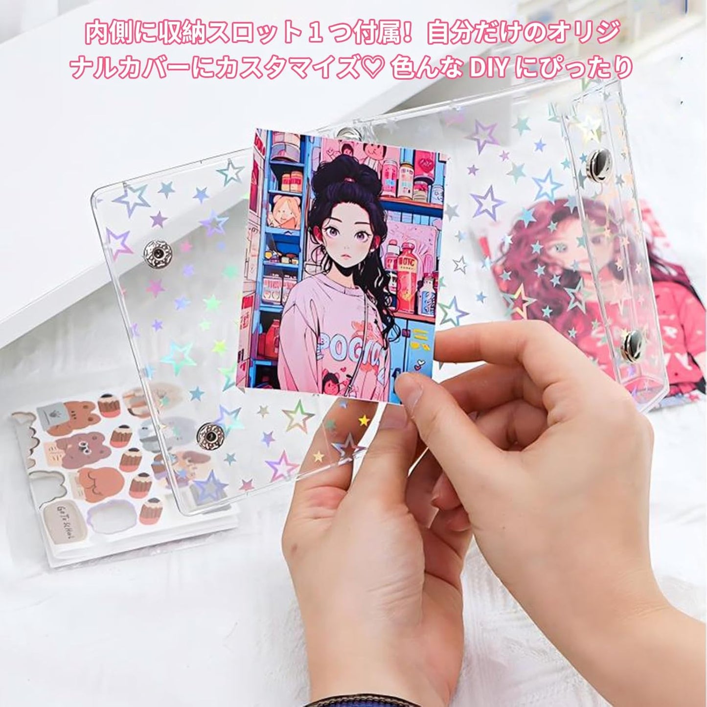 Seal Notebook, Transparent Binder Notebook, M5 Size, Includes 10 Transparent Refills, Clear Binder, Girls, Star Pattern, Double Snap Closure, Silver Hardware, PVC Material, 5 Holes, Seal Storage