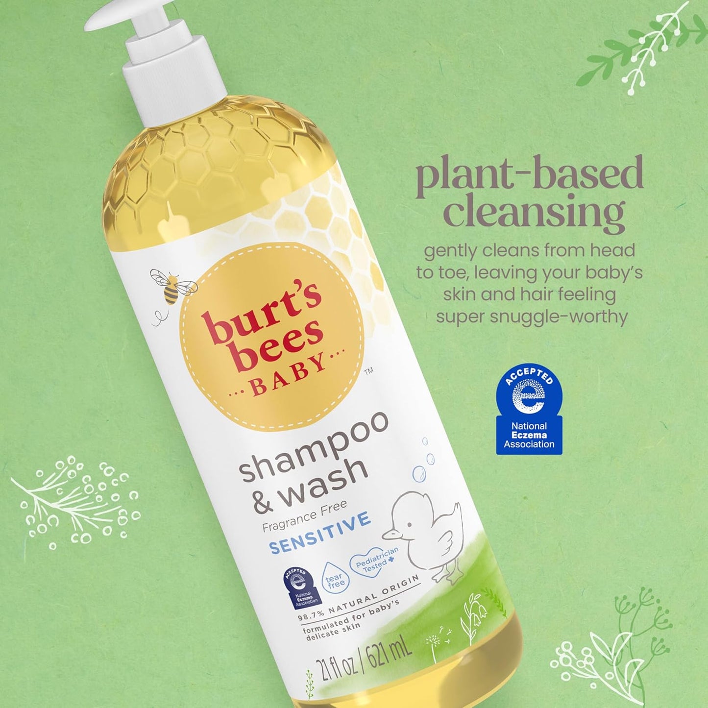 Burt's Bees Champú y lavado sensible al bebé, libre de fragancia, libre de lágrimas, pediatra probado, 98.9% de origen natural, 21 onzas fluidas