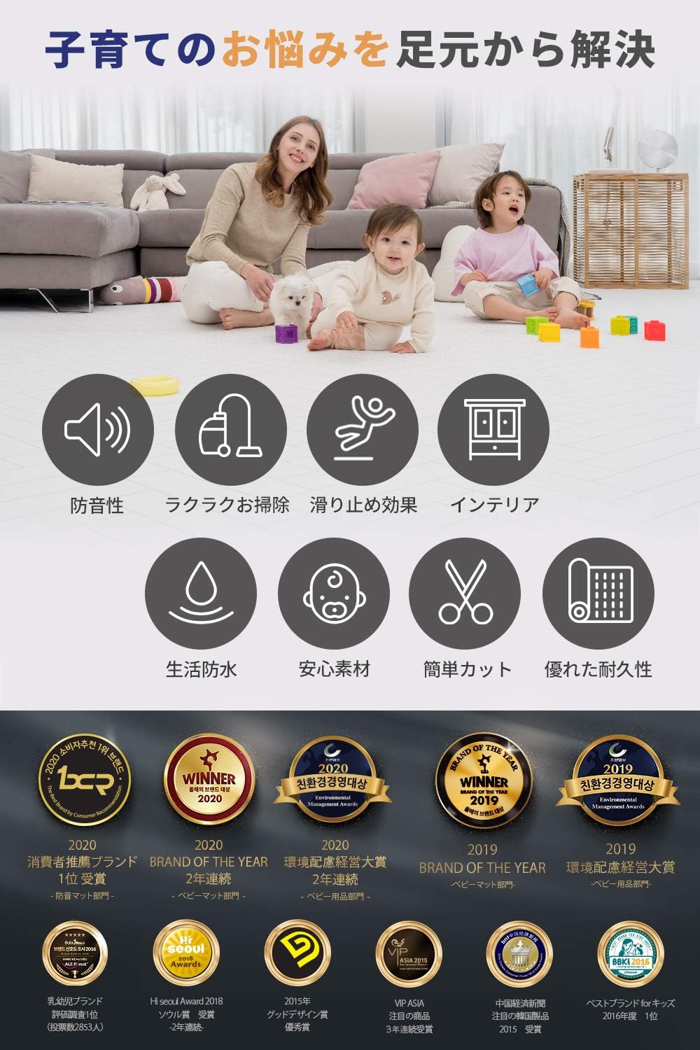 (Can be cut to any size you like) International Standard Floor Mat, Thickness 0.6 inches (15 mm), ALZIP Roll Mat, Soundproofing, Waterproof, Baby Mat, Play Mat, For Pets, Kids (Linen Gray, 43.3 x 19.7