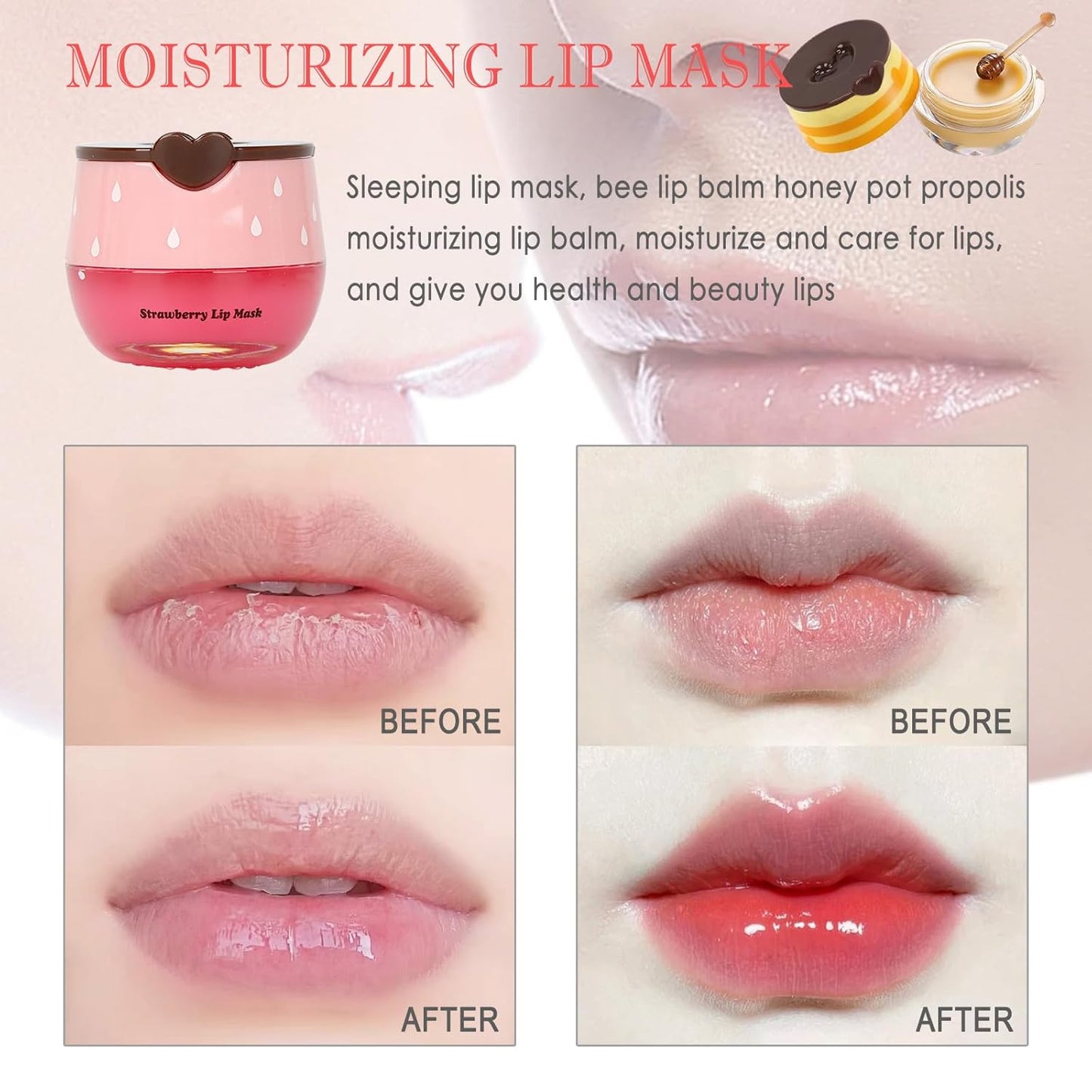 2 piezas de mascarilla labial de miel de abeja, mascarilla labial de miel y fresa, bálsamo labial de propóleo hidratante con palo - Exfoliante labial hidratante para prevenir la prevención de labios