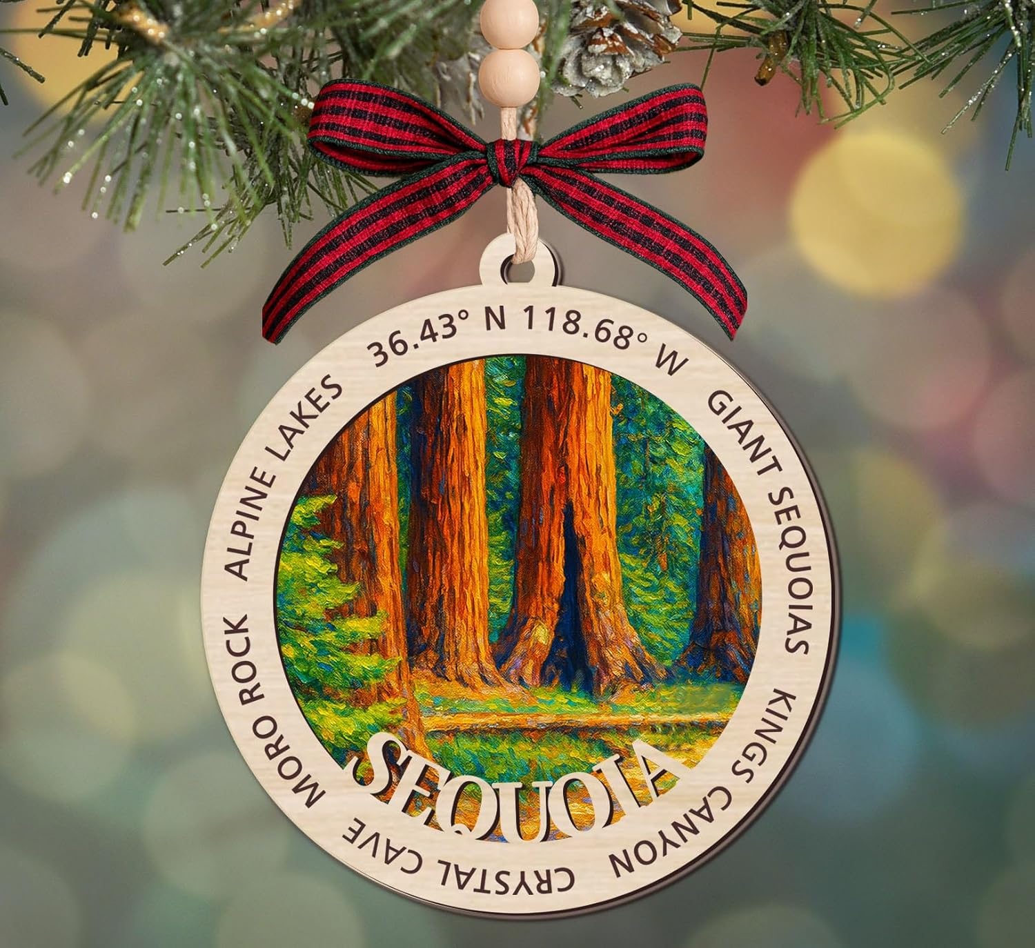 Sequoia - Adorno de madera del Parque Nacional – 2 capas de recuerdo de Navidad – Recuerdo de viaje de Parques de Estados Unidos – Regalo para excursionistas – Decoración de madera de 2 x 4