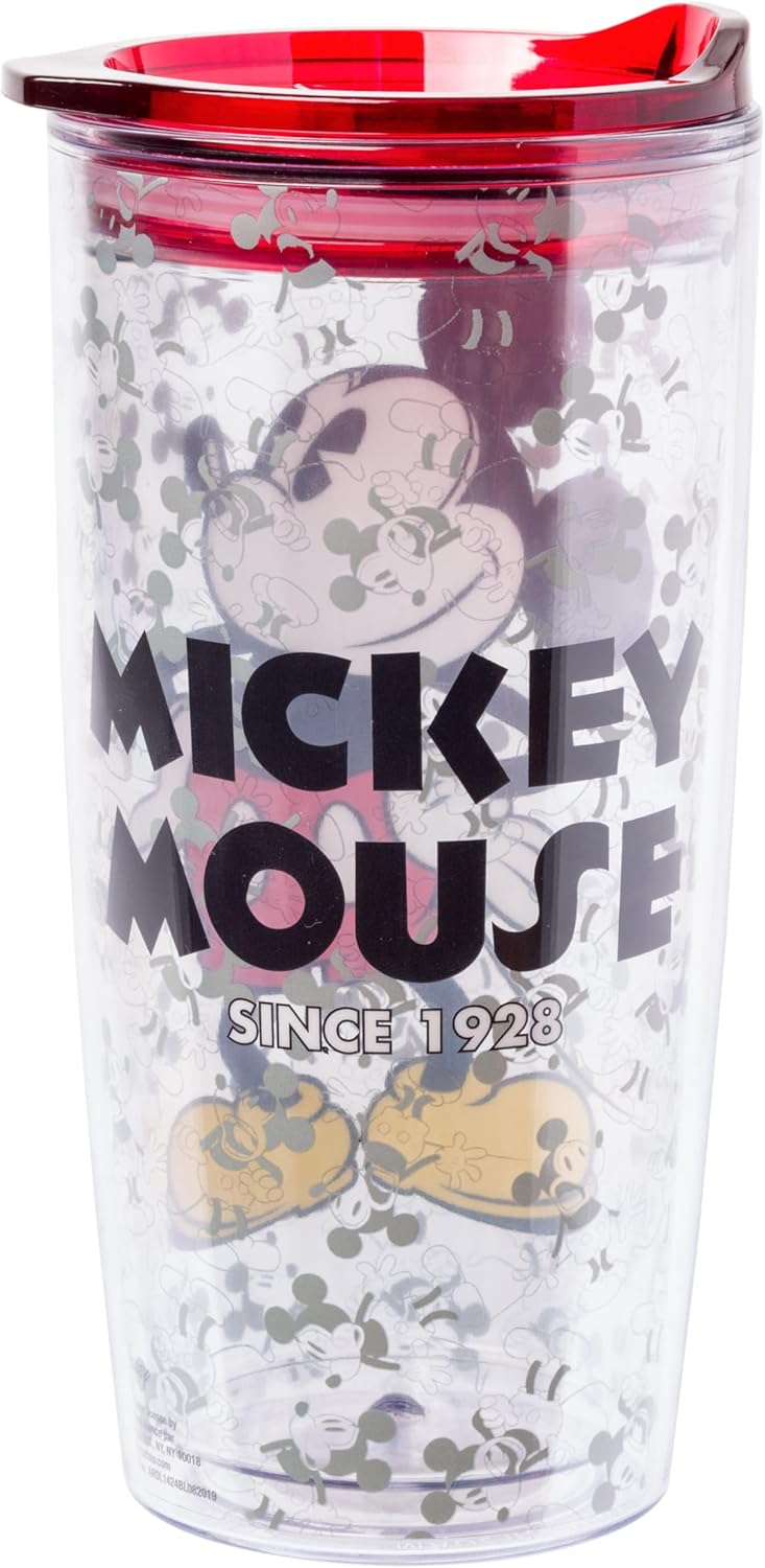 Silver Buffalo Disney Vintage Mickey Mouse Since 1928 - Vaso de viaje de doble pared con tapa de cierre deslizante, 20 onzas