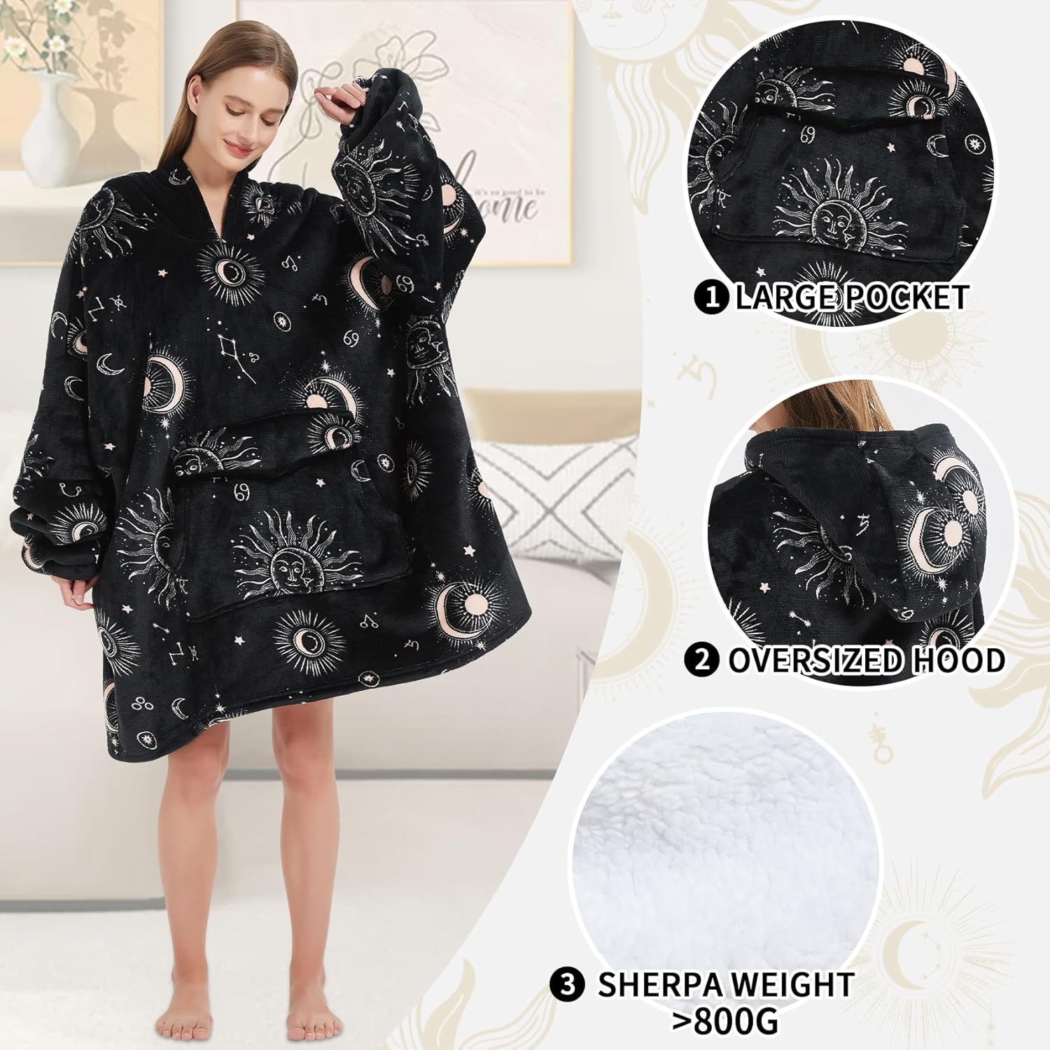 Mewkou - Manta con capucha portátil para adultos, manta con capucha de forro polar sherpa de gran tamaño para mujeres y hombres, Sol y Luna