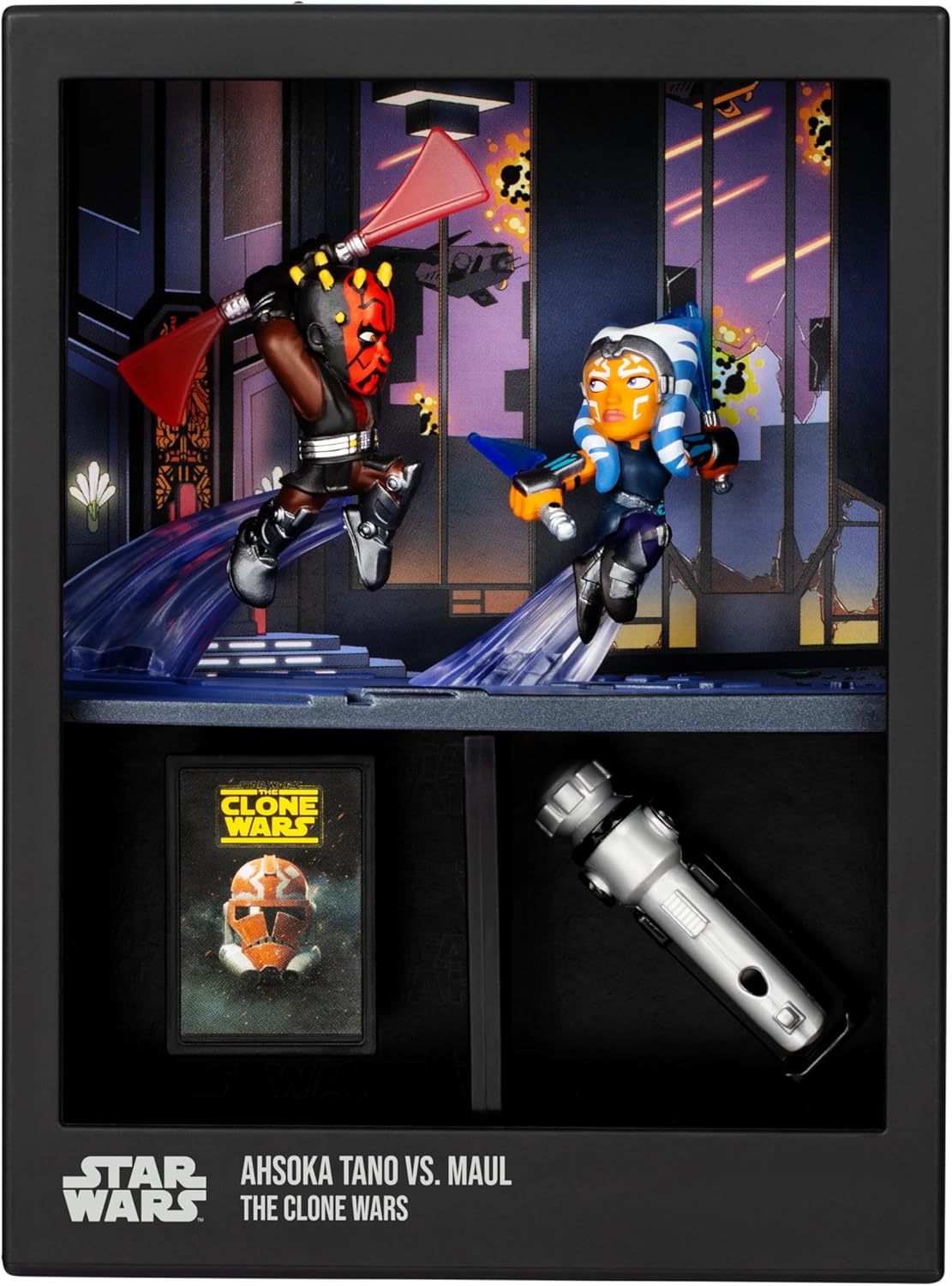 FANDROP SW02-Star Wars: The Clone Warsâ - Ahsoka Tano VS. Maul. FANDROP combina un diorama épico, artefactos y marcador de escena creando una exhibición para mejorar la colección, 4 para coleccionar