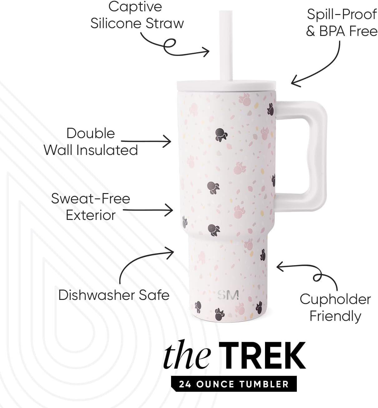 Simple Modern Disney Trek Kids - Vaso de acero inoxidable para niños y niñas, con asa y tapa con pajilla de silicona, resistente a derrames y fugas, reutilizable, Minnie Mouse en terrazo, 24 onzas