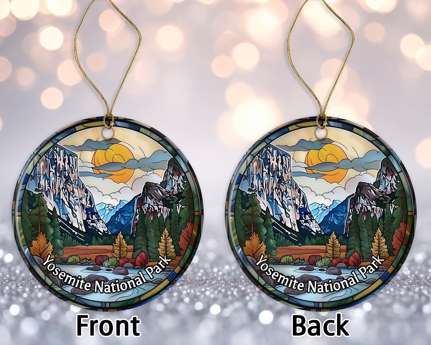 Yosemite National Park - Adorno con aspecto de vitral, recuerdo de Navidad de los parques nacionales, recuerdo de viaje, regalo de cerámica impreso en ambos lados