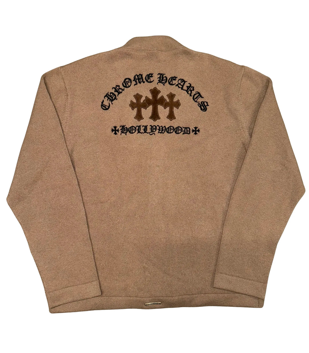 CHROME HEARTS 'TRIPLE CROSS' BROWN CASHMERE CARDIGAN SWEATER