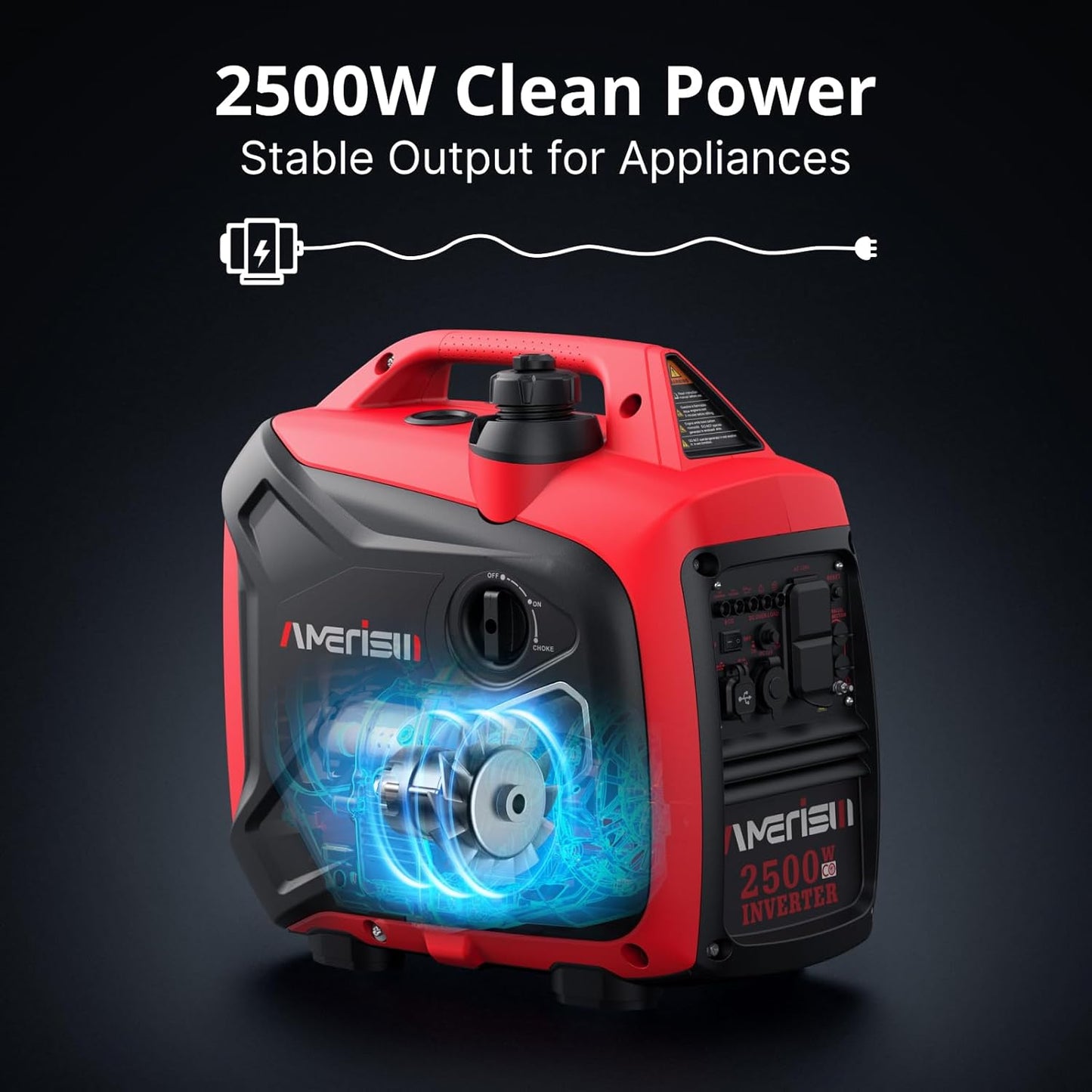 2500 Watt Gas Powered Portable Inverter Generator with CO Sensor Ultra Quiet Home Backup Emergency Camping EPA Compliant 2025 Version