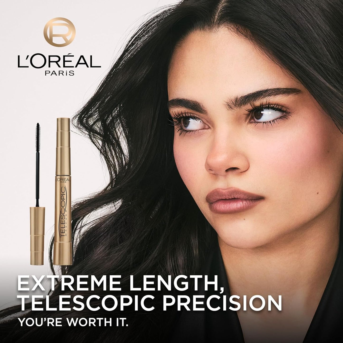 L'Oreal Paris - Máscara de alargamiento de pestañas, maquillaje telescópico original, con cepillo de doble precisión para separar pestañas, lavable, marrón negro, 8 mL, paquete de 1