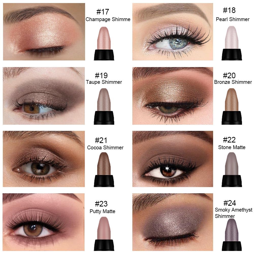 Juego de 8 piezas de barras iluminadoras de sombra de ojos en crema, champán perla gris topo bronce cacao piedra masilla amatista ahumada con brillo mate, lápiz delineador de ojos, barra aplicadora
