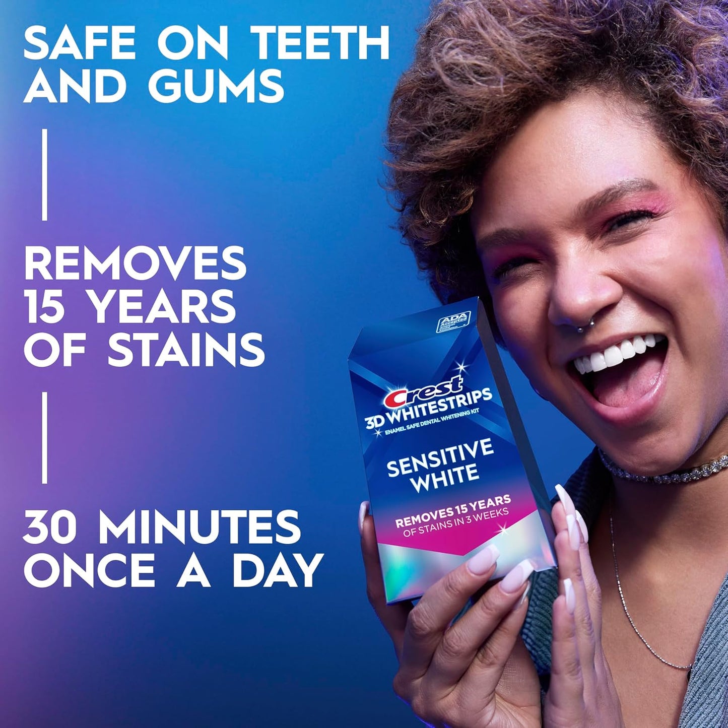Kit de blanqueamiento dental Crest 3D Whitestrips Sensitive para uso en casa, 18 tratamientos, elimina suavemente manchas de hasta 15 años, Crest Whitestrips, Kit de blanqueamiento dental