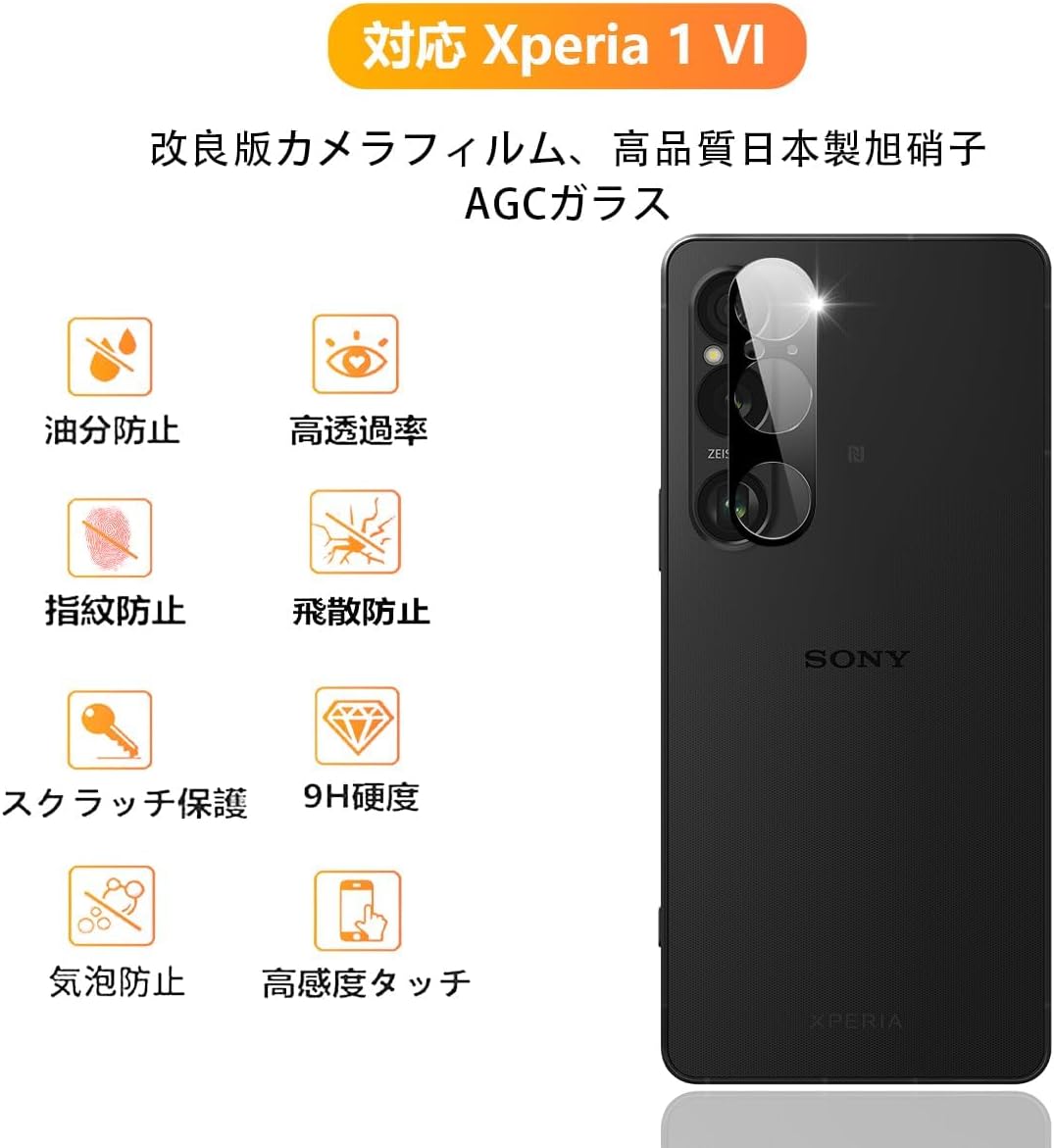 [Set of 2] Compatible Xperia 1 VI Camera Film, 2 x Xperia 1 VI SO-51E SOG13 Lens, Protective Cover, Black Edge, Overexposure Prevention, Japanese Glass Material, 9H Strength, Compatible Xperia 1 VI